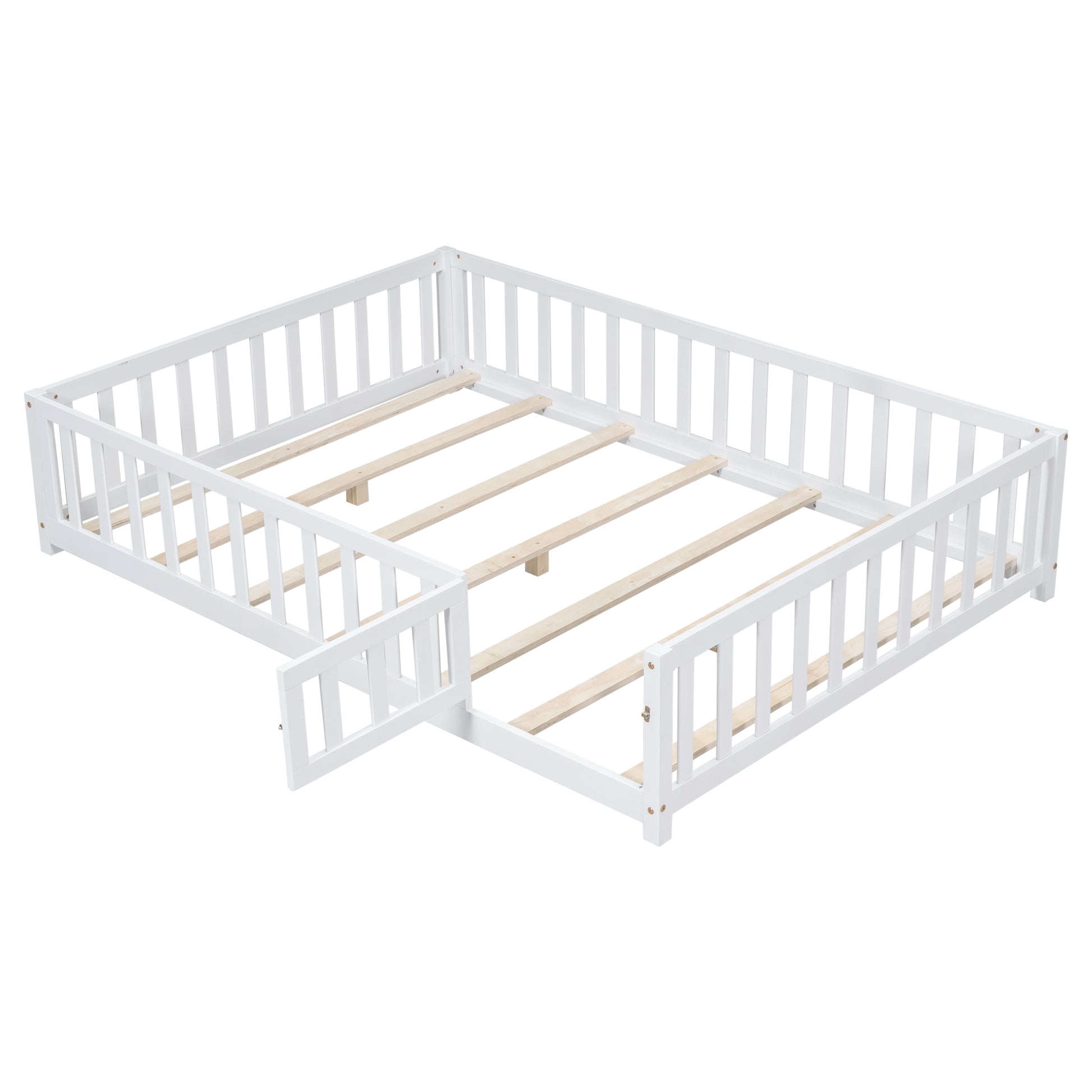 Full Size Floor Platform Bed With Fence And Door For Kids, Montessori Floor Bed Frame With Support Slats For Toddlers, Wooden Floor Bed White White Plywood