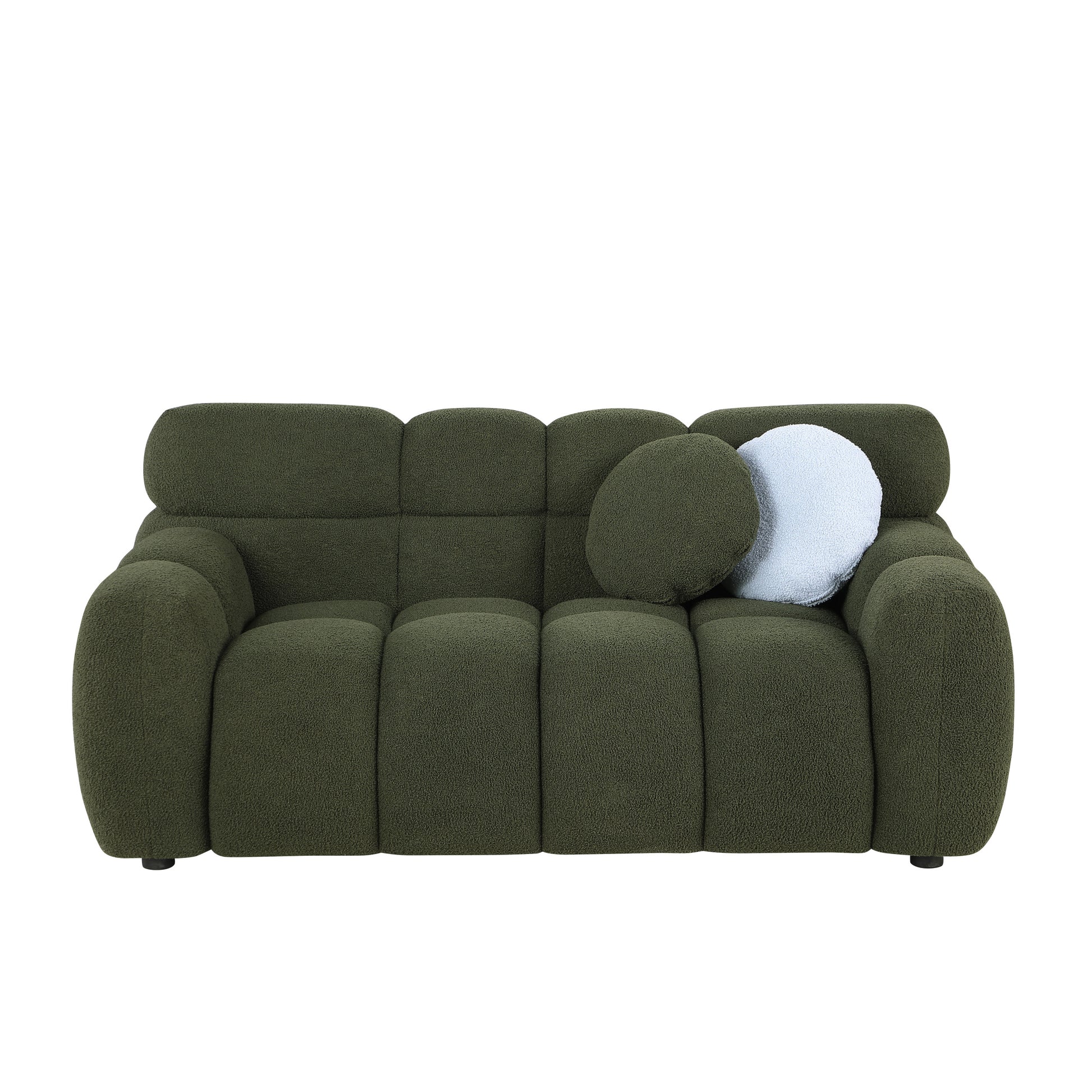 64.96 Length ,35.83" Deepth ,Human Body Structure For Usa People, Marshmallow Sofa,Boucle Sofa ,2 Seater, Olive Green Boucle Olive Green Light Brown Wood Primary Living Space Medium Soft Split Back Eucalyptus Rolled Arms Boucle 3 Seat