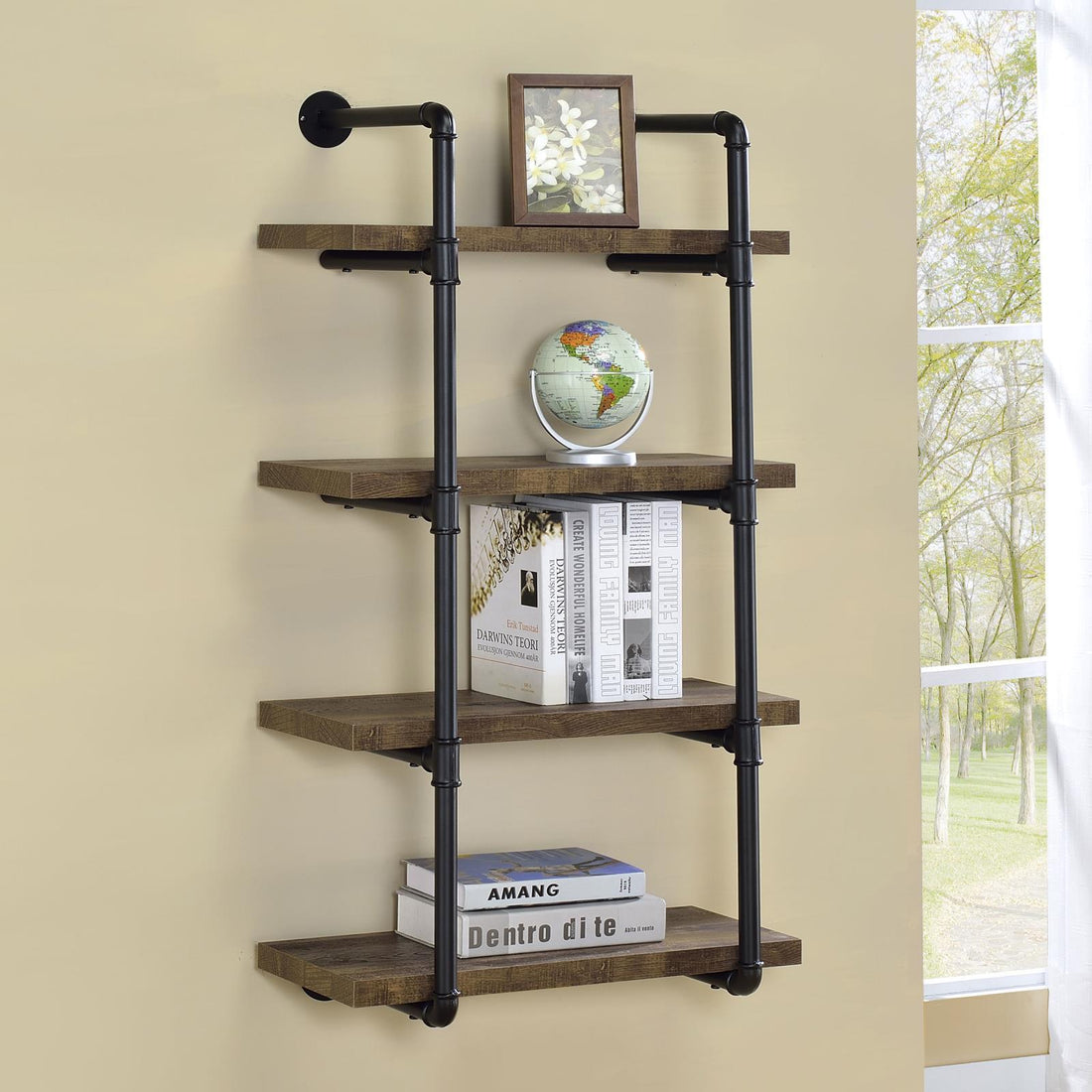 Black And Rustic Oak 4 Tier Wall Shelf 4 Black Brown Brown Vertical Office Open Back Wood Farmhouse,Rustic Wall Mounted Wood Metal