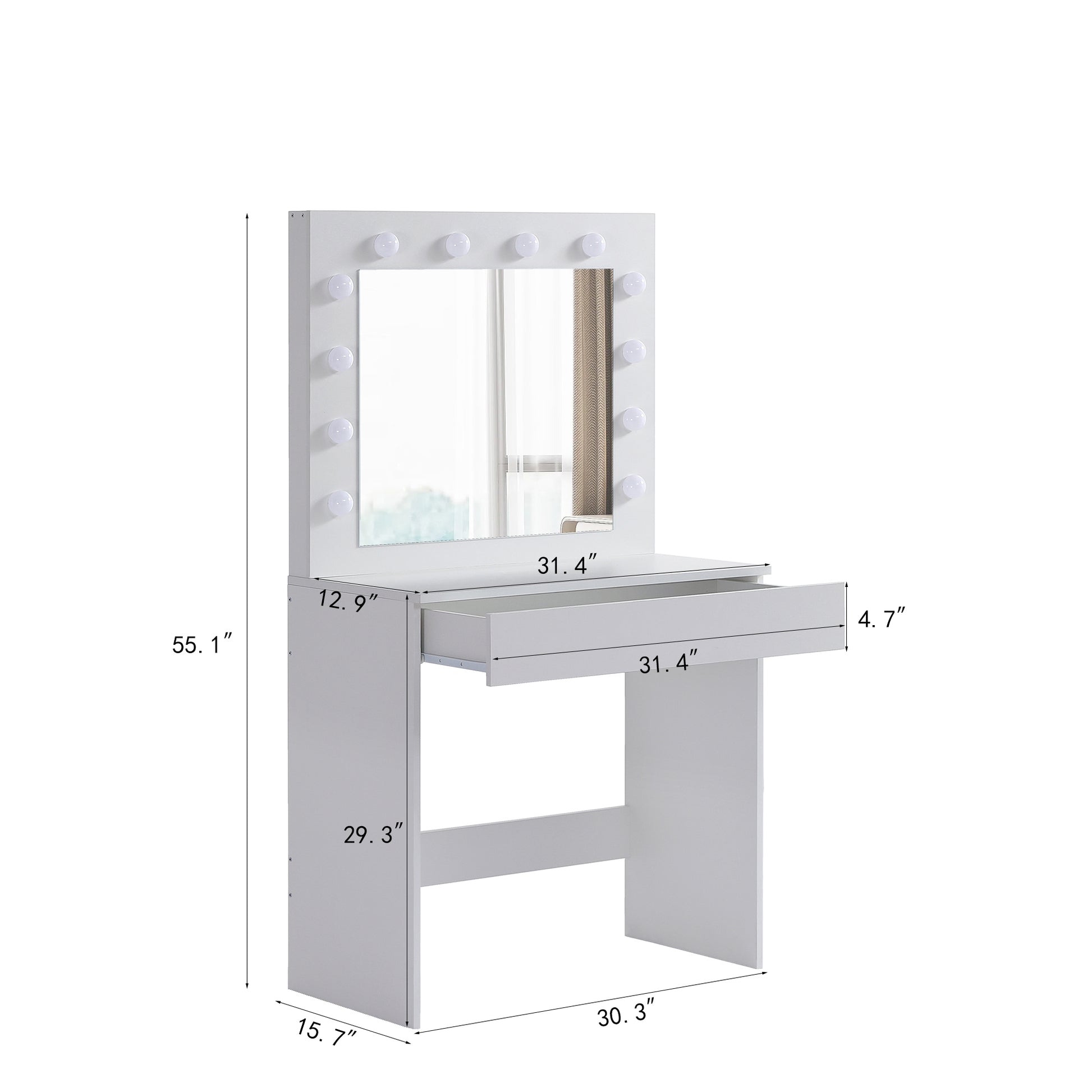 Vanity Table With Large Lighted Mirror, Makeup Vanity Dressing Table With Drawer, 1Pc Upholstered Stool ,12 Light Bulbs And Adjustable Brightness, White Color Antique White Particle Board