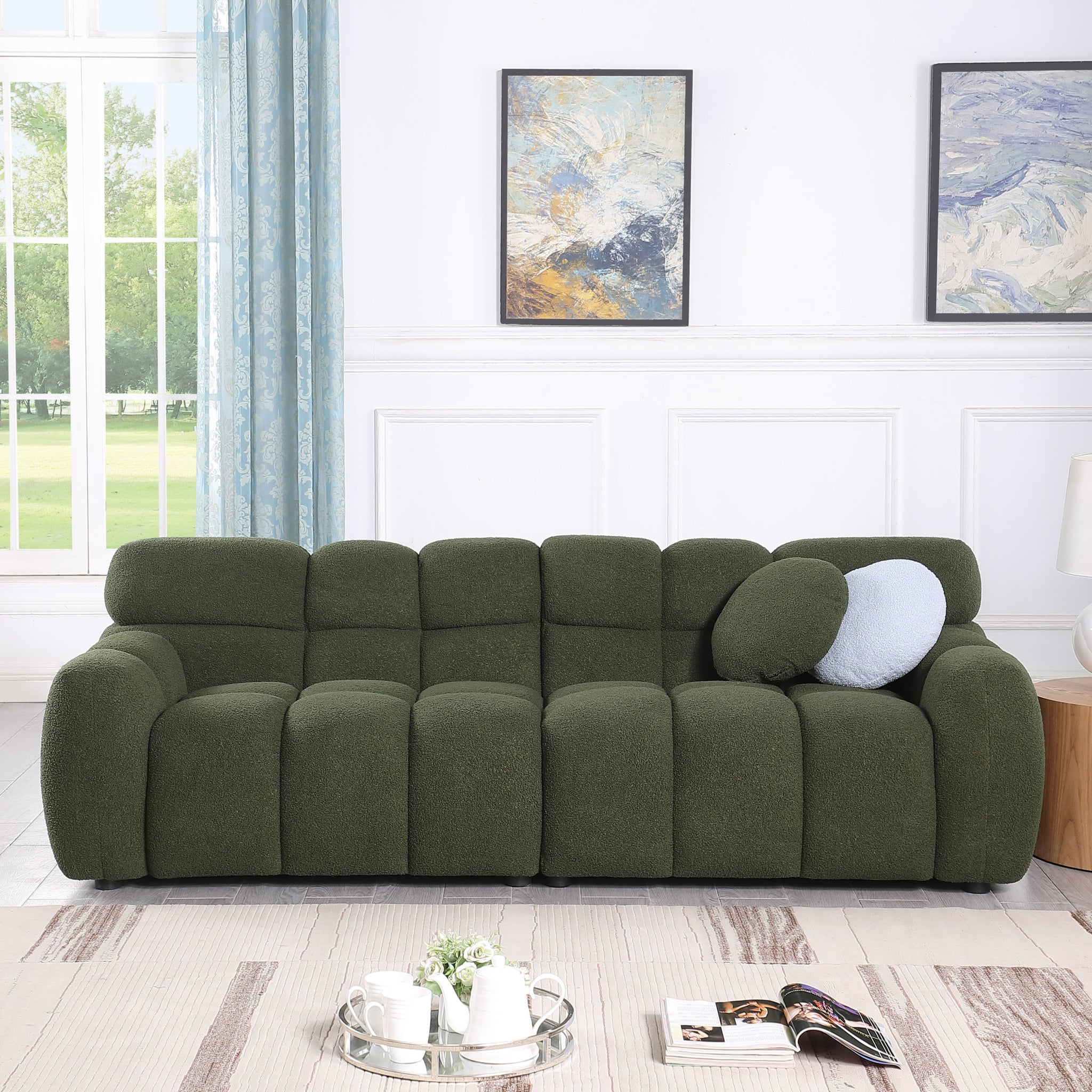 87.4 Length ,35.83" Deepth ,Human Body Structure For Usa People, Marshmallow Sofa,Boucle Sofa ,3 Seater, Olive Green Boucle Olive Green Light Brown Wood Primary Living Space Medium Soft Split Back Eucalyptus Rolled Arms Boucle 3 Seat