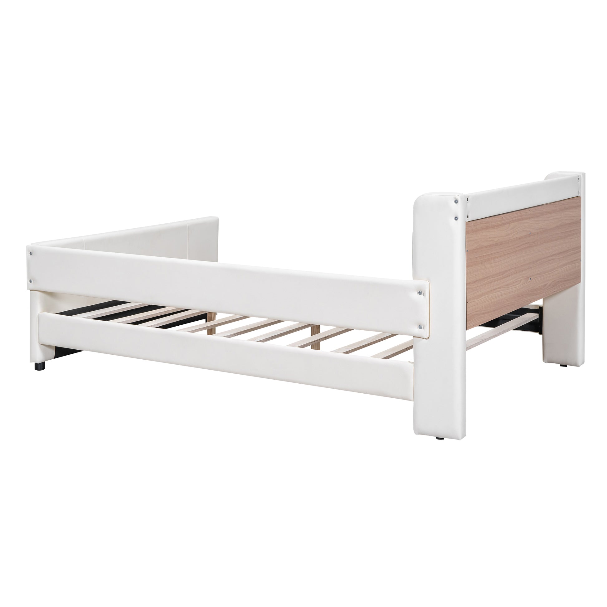 Full Size Upholstered Platform Bed With Guardrail, Storage Headboard And Footboard, Beige Box Spring Not Required Full Beige Wood Faux Leather Upholstered