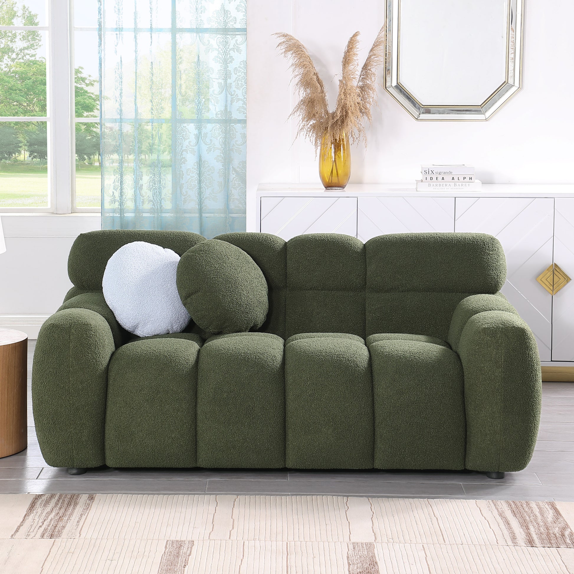 64.96 Length ,35.83" Deepth ,Human Body Structure For Usa People, Marshmallow Sofa,Boucle Sofa ,2 Seater, Olive Green Boucle Olive Green Light Brown Wood Primary Living Space Medium Soft Split Back Eucalyptus Rolled Arms Boucle 3 Seat