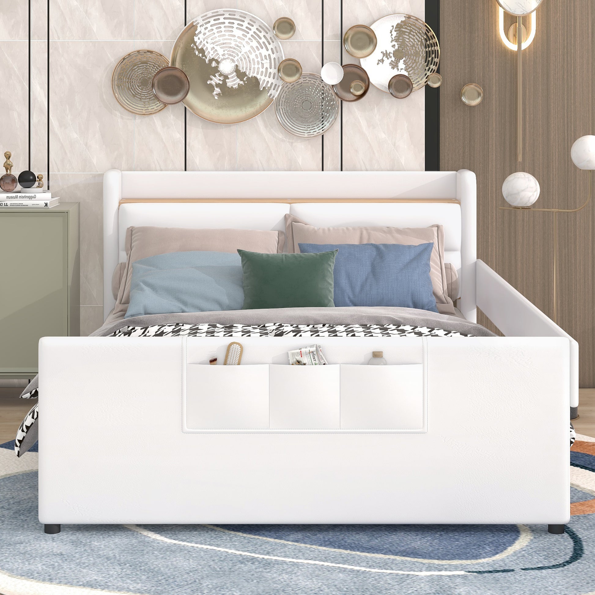 Full Size Upholstered Platform Bed With Guardrail, Storage Headboard And Footboard, Beige Box Spring Not Required Full Beige Wood Faux Leather Upholstered