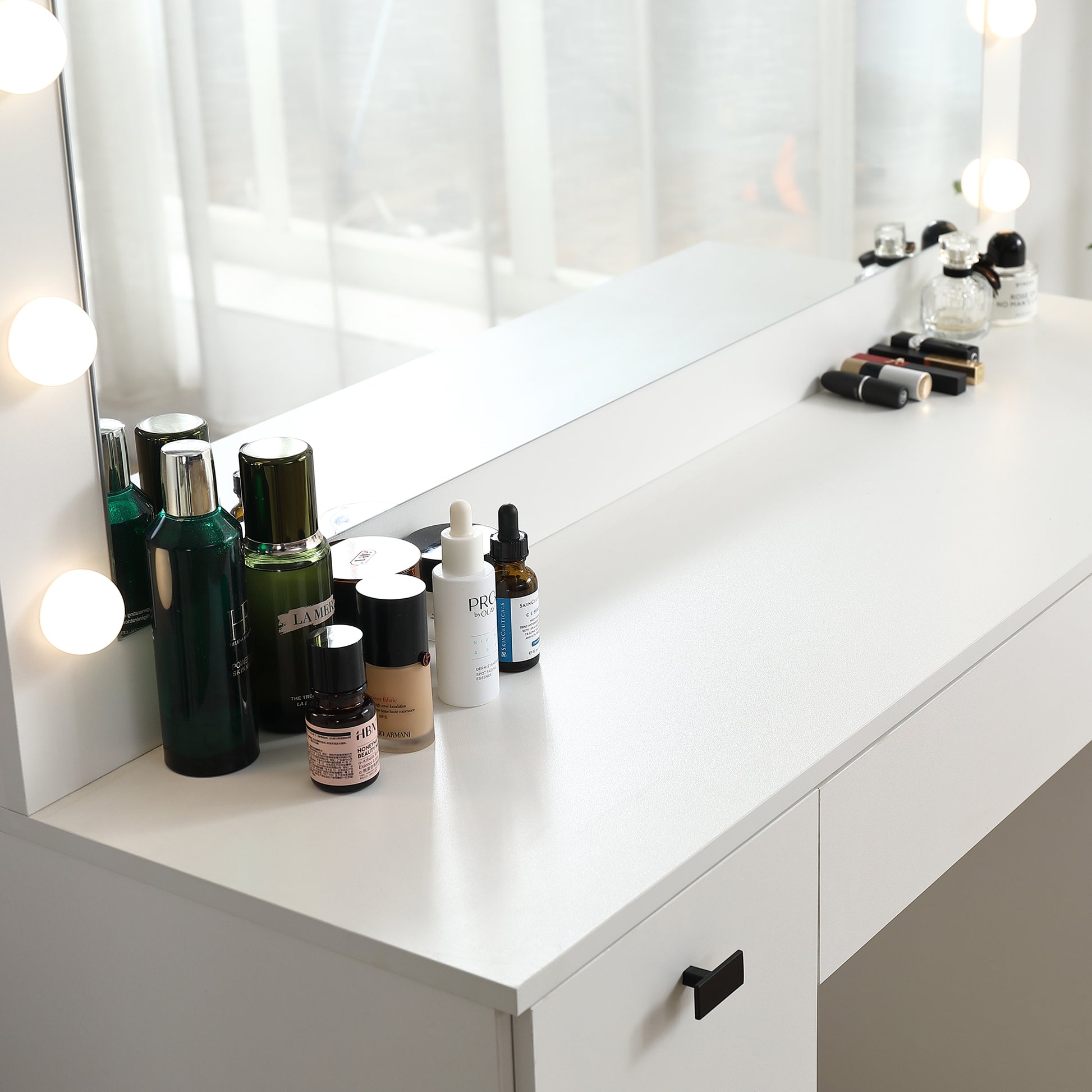 Vanity Table With Lighted Mirror, Vanity Desk With 3 Drawers And Storage Cabinet,3 Color Lighting Modes Adjustable Brightness, White Color Antique White Particle Board