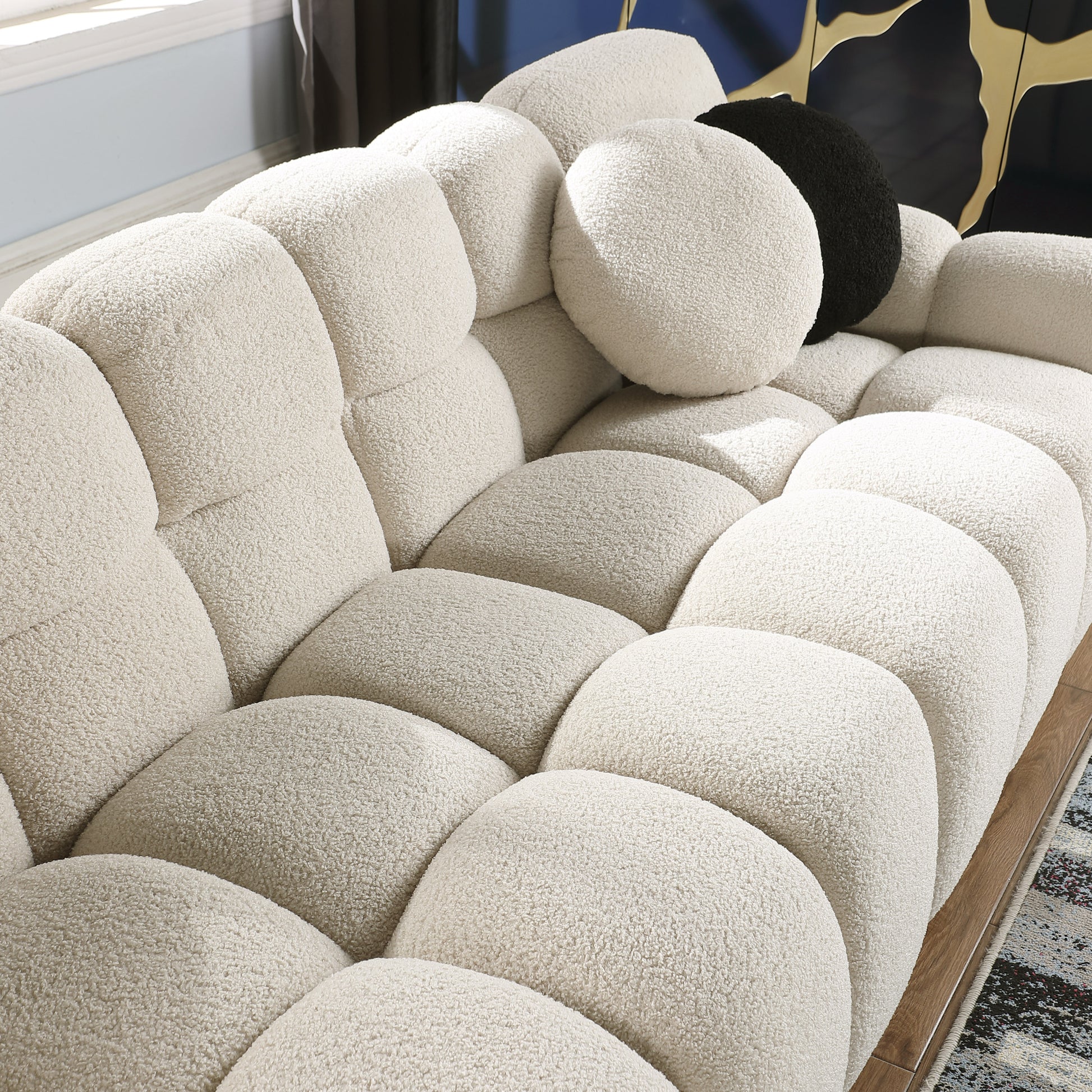 64.96 Length ,35.83" Deepth ,Human Body Structure For Usa People, Marshmallow Sofa,Boucle Sofa ,2 Seater, Beige Boucle Beige Light Brown Wood Primary Living Space Medium Soft Split Back Eucalyptus Rolled Arms Boucle 3 Seat