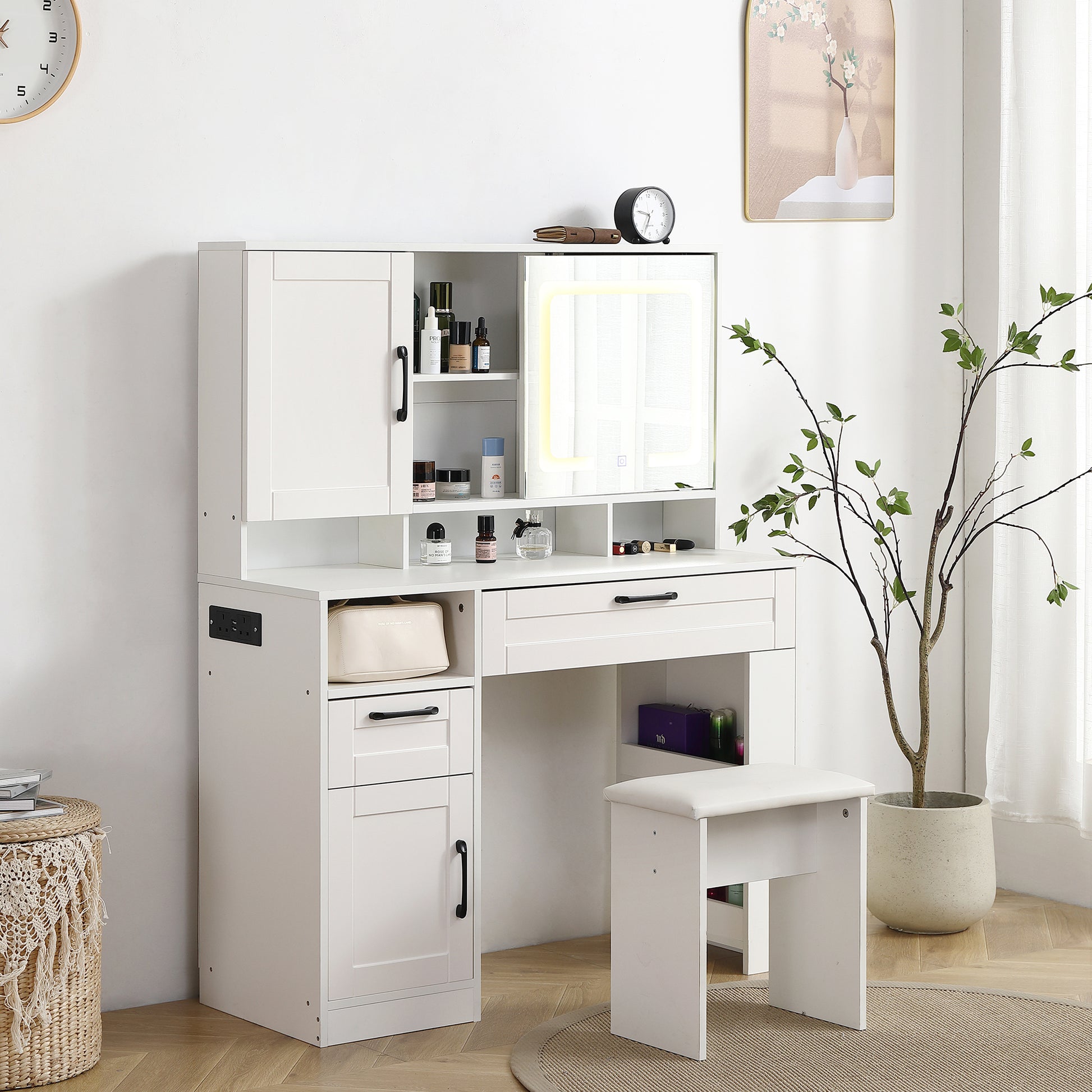 Vanity Table With Large Sliding Lighted Mirror, Dressing Table With 2 Drawers, Storage Shelves And Upholstered Stool, White Color Antique White Particle Board