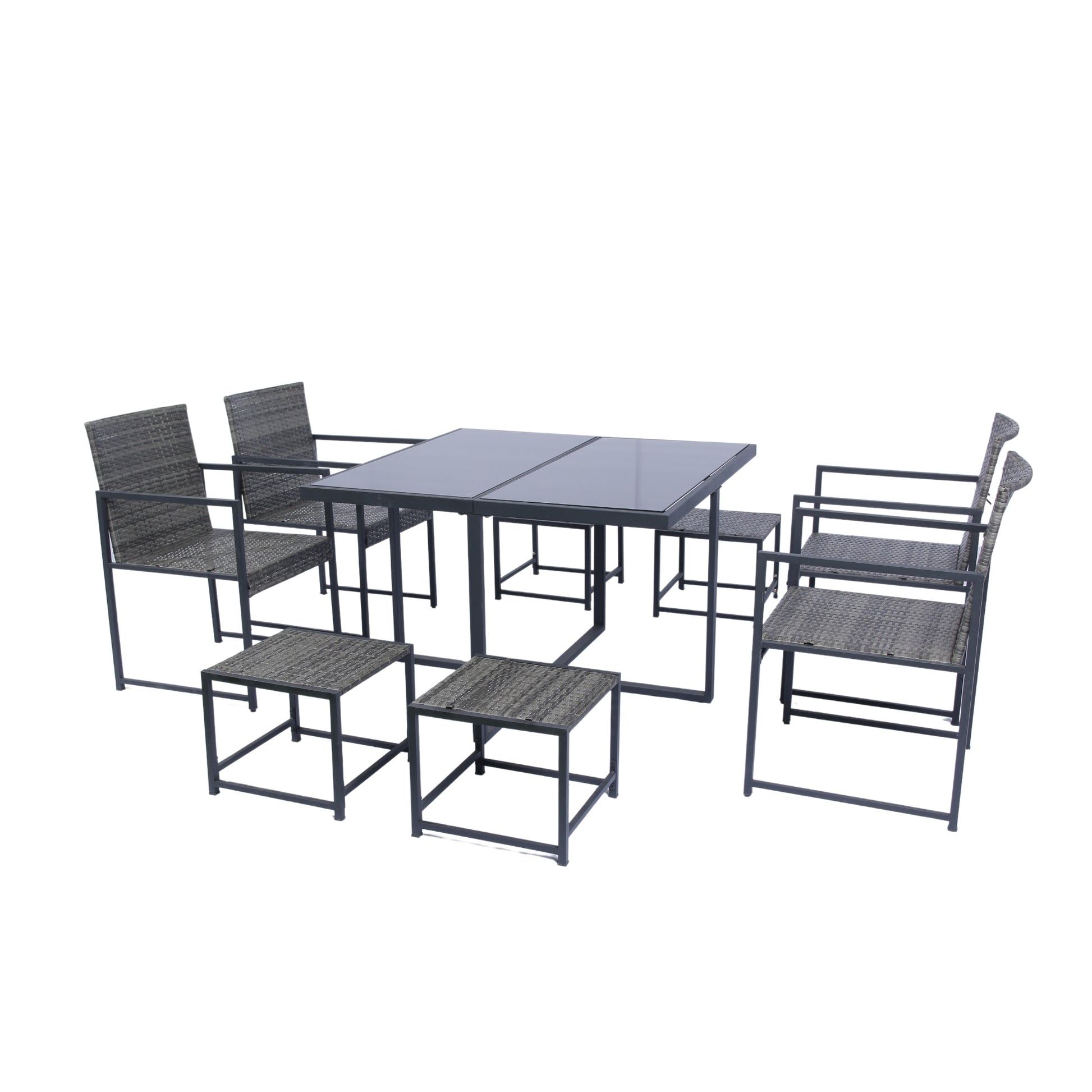 9 Pieces Patio Dining Sets Outdoor Space Saving Rattan Chairs With Glass Table Top Grey Wicker Dark Grey Cushion Yes Dining Set Grey Rust Resistant Frame Mildew Resistant Cushion Garden & Outdoor Modern Multiple Chairs Seating Group Fiber Foam Pads