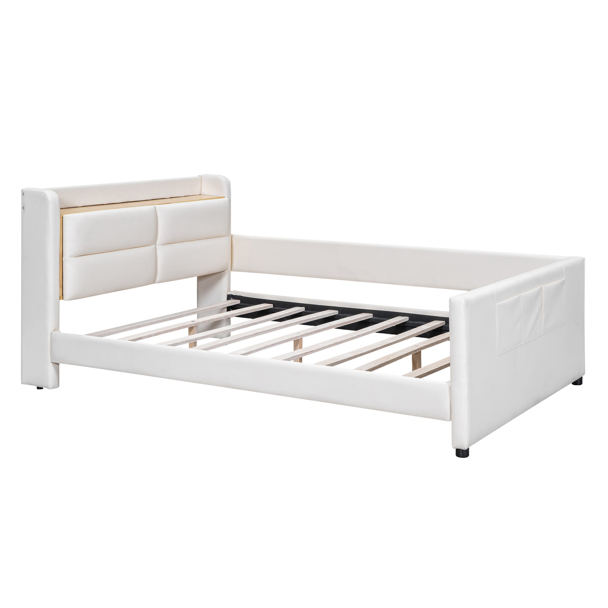 Full Size Upholstered Platform Bed With Guardrail, Storage Headboard And Footboard, Beige Box Spring Not Required Full Beige Wood Faux Leather Upholstered
