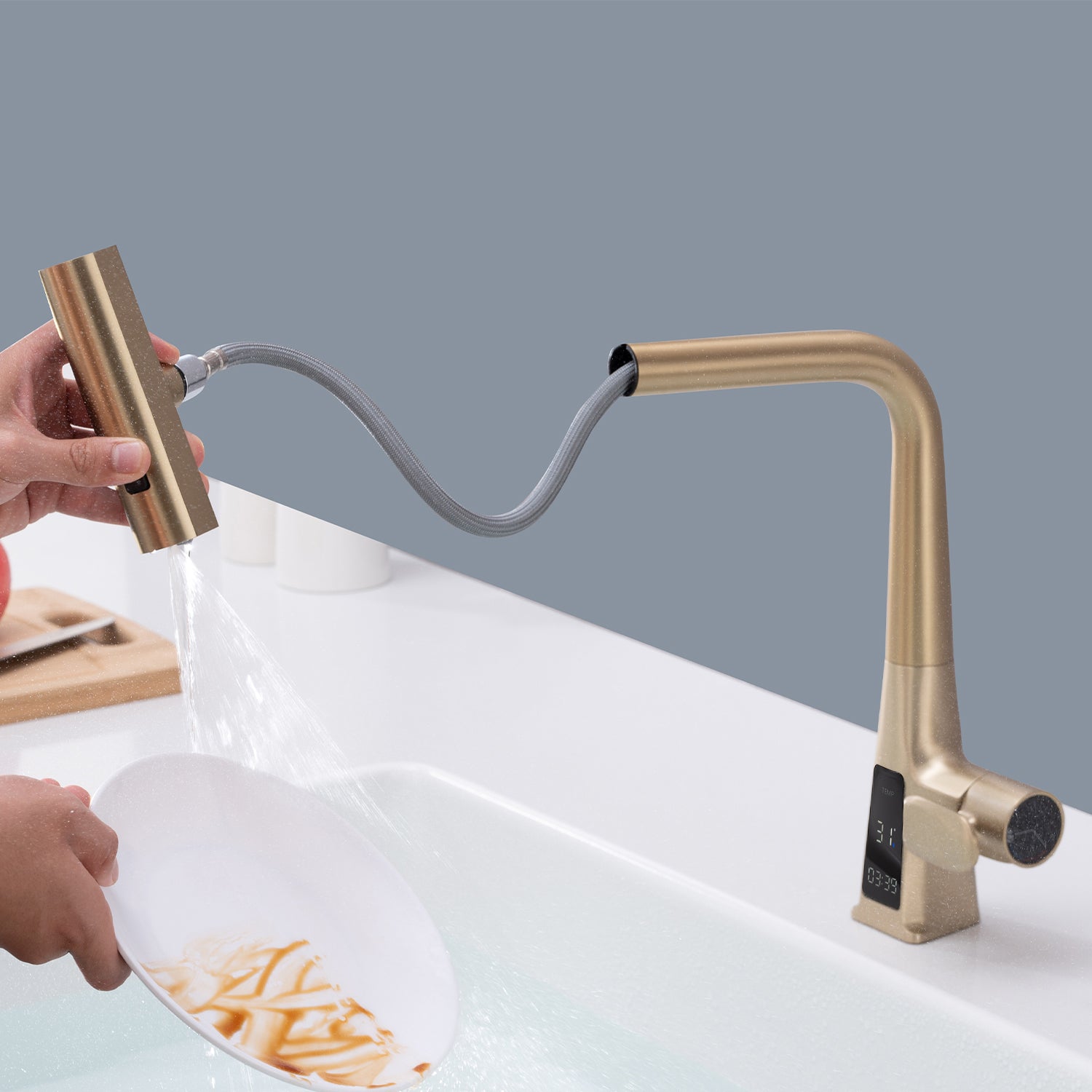 Brushed Gold Waterfall Kitchen Faucet With Temperature Display, Single Handle Kitchen Faucet With Pull Down Sprayer, Modern Kitchen Sink Faucet, Three Water Outlet Modes Brushed Gold Zinc