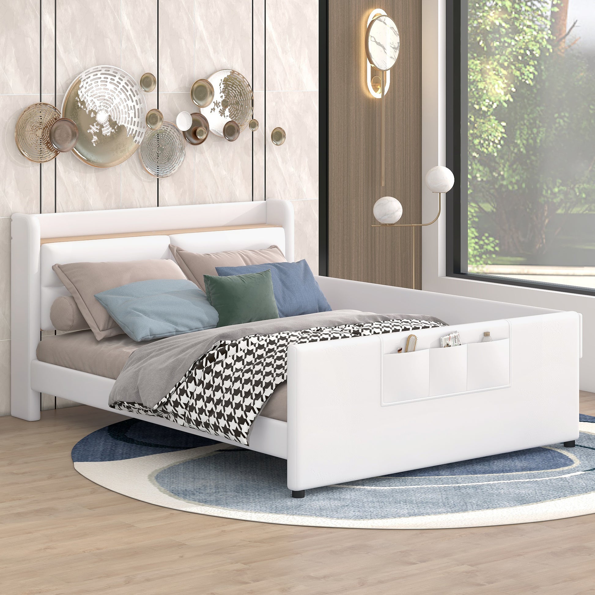 Full Size Upholstered Platform Bed With Guardrail, Storage Headboard And Footboard, Beige Box Spring Not Required Full Beige Wood Faux Leather Upholstered