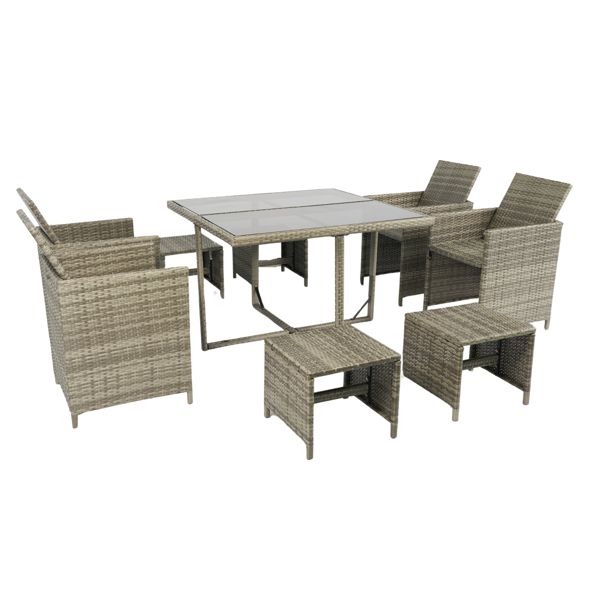 9 Pieces Patio Dining Sets Outdoor Space Saving Rattan Chairs With Glass Table Patio Furniture Sets Cushioned Seating And Back Sectional Conversation Set Grey Wicker Grey Cushion Yes Dining Set Grey Rust Resistant Frame Mildew Resistant Cushion Garden &