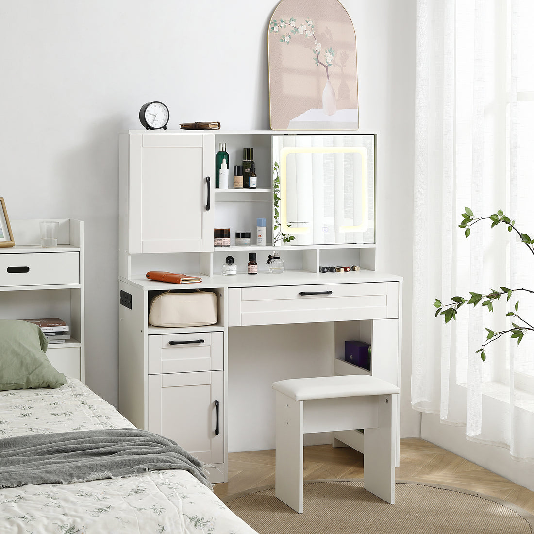 Vanity Table With Large Sliding Lighted Mirror, Dressing Table With 2 Drawers, Storage Shelves And Upholstered Stool, White Color Antique White Particle Board