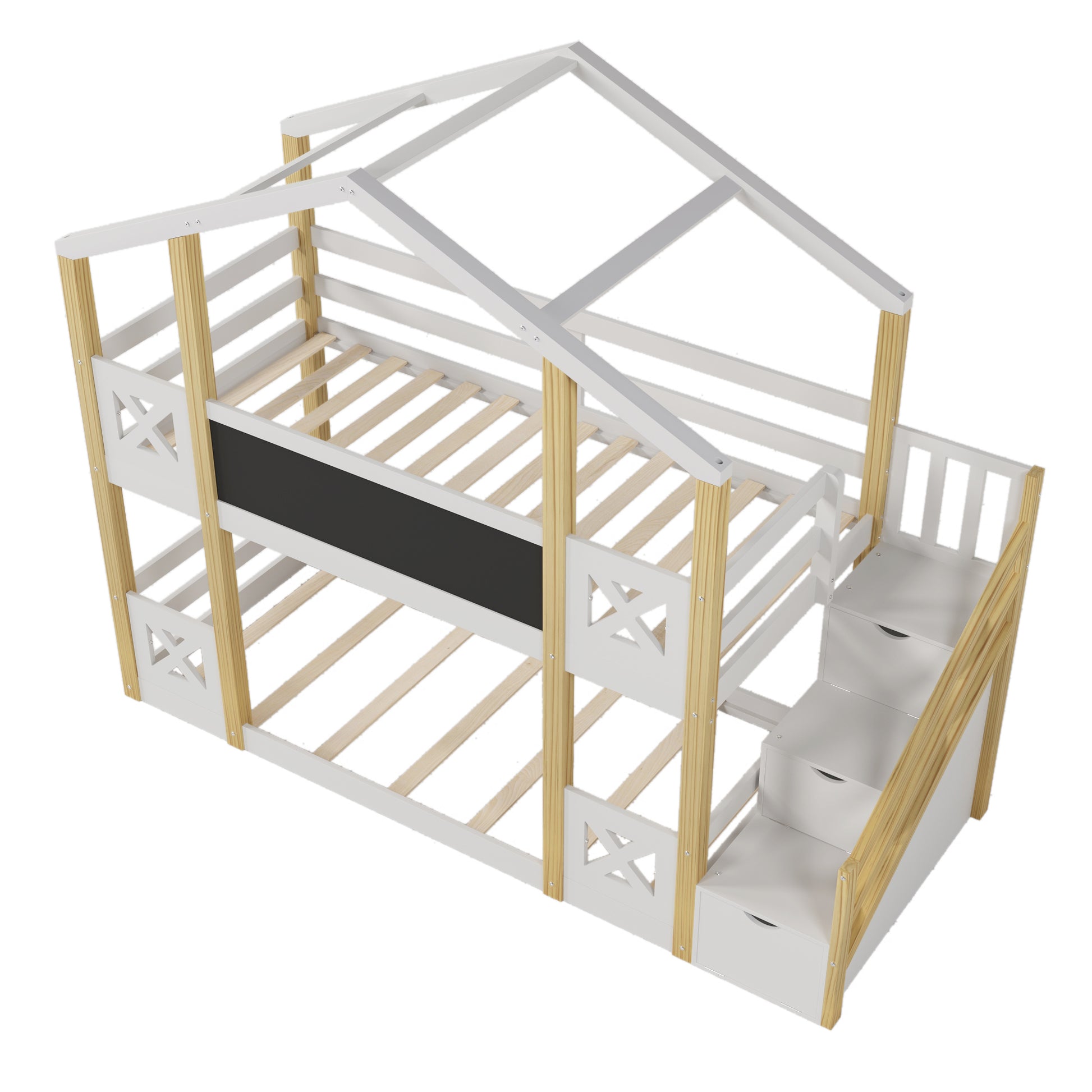 Twin Over Twin House Bunk Bed With White Storage Staircase And Blackboards, White White Wood