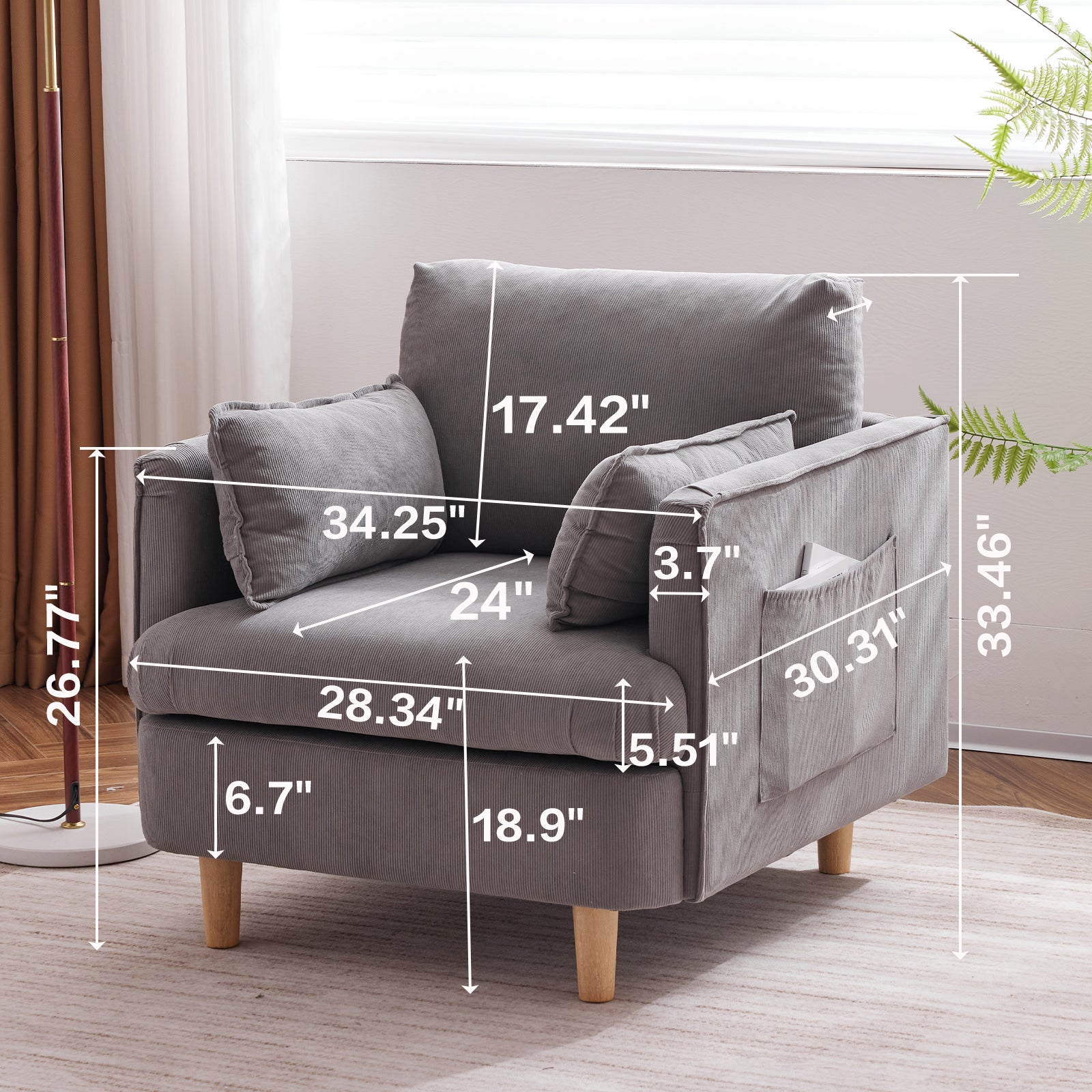 29.5 "W Modern Fabric Decorative Chair Armchair Upholstered Reading Chair Single Sofa Casual Club Chair With Solid Wooden Feet And 2 Pillow, For Living Room, Bedroom, Bed Room, Office, Corduroy Fabric Grey Foam Corduroy