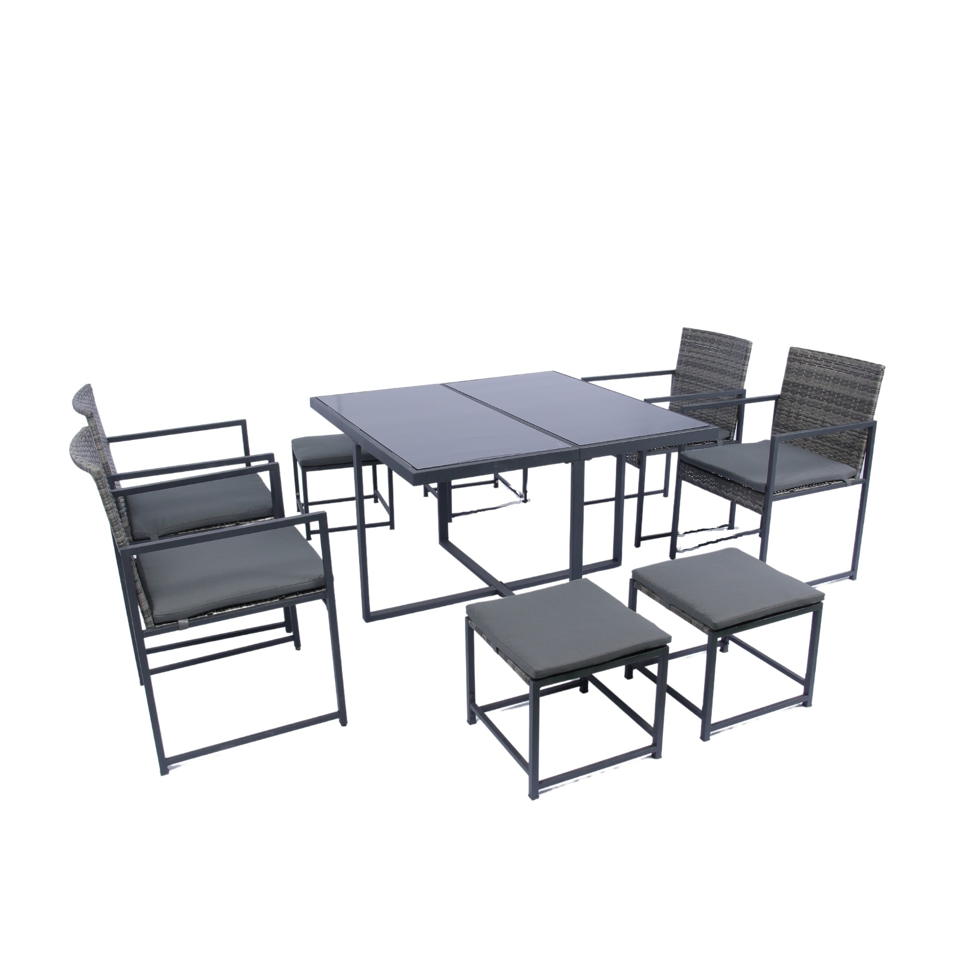 9 Pieces Patio Dining Sets Outdoor Space Saving Rattan Chairs With Glass Table Top Grey Wicker Dark Grey Cushion Yes Dining Set Grey Rust Resistant Frame Mildew Resistant Cushion Garden & Outdoor Modern Multiple Chairs Seating Group Fiber Foam Pads