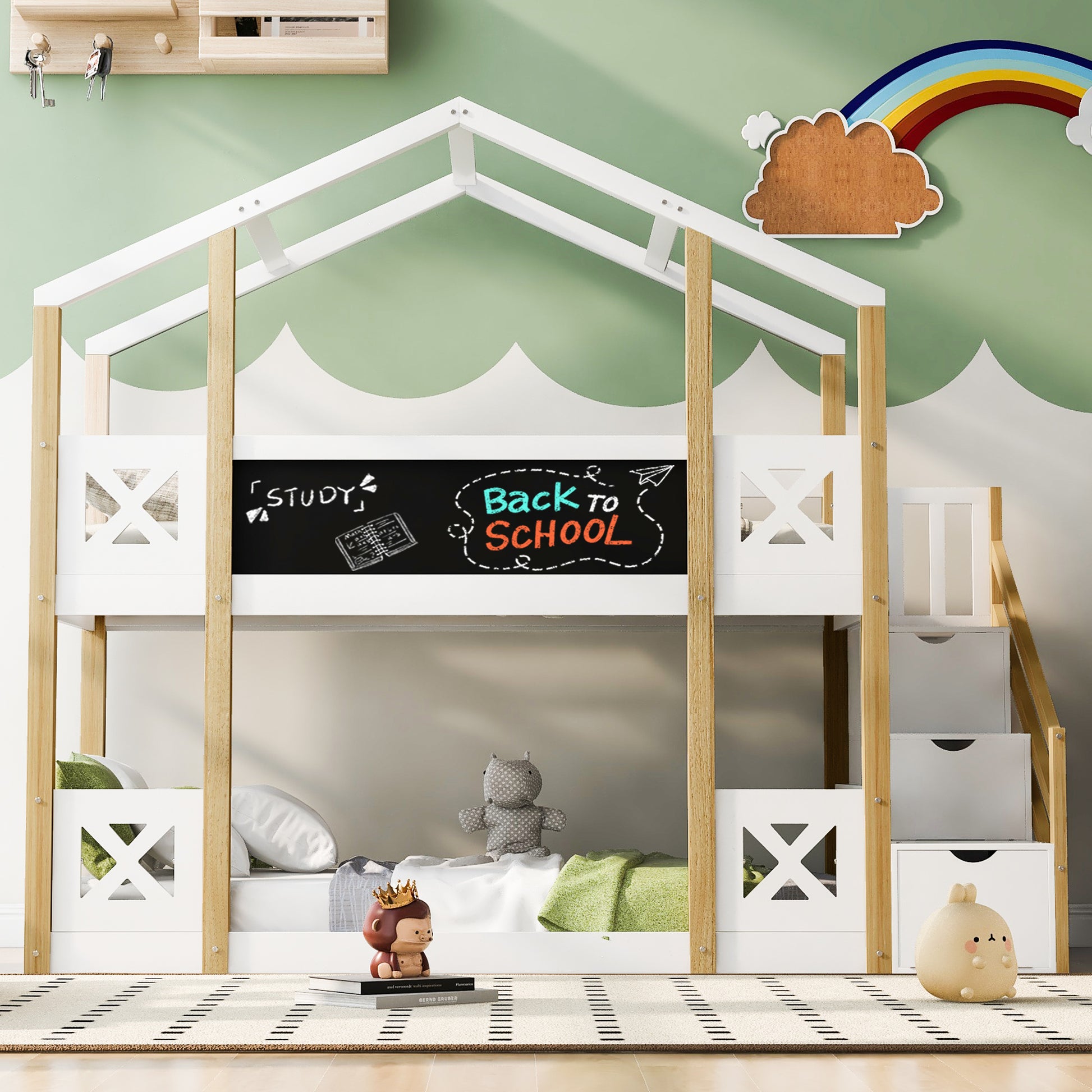 Twin Over Twin House Bunk Bed With White Storage Staircase And Blackboards, White White Wood