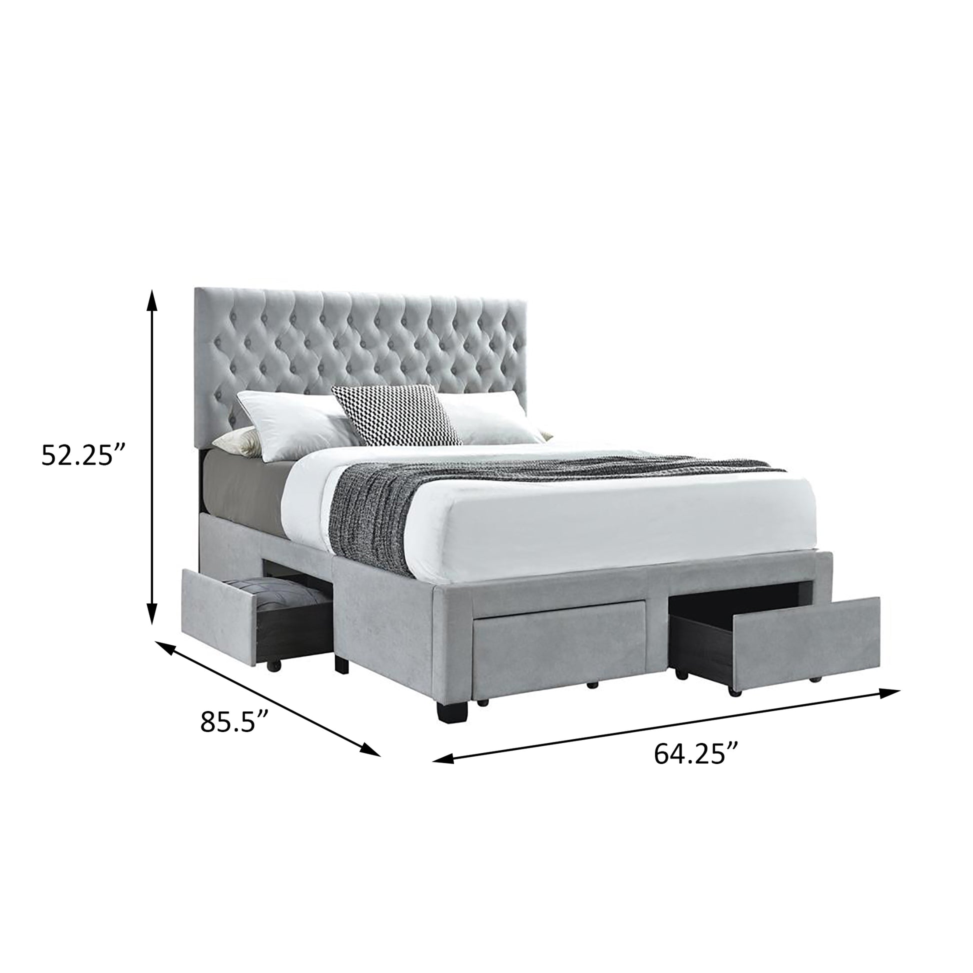 Light Grey Tufted 4 Drawer Queen Storage Bed Box Spring Not Required Queen Grey Wood Bedroom Glam Rubberwood Storage Included Foam Polyester Fabric