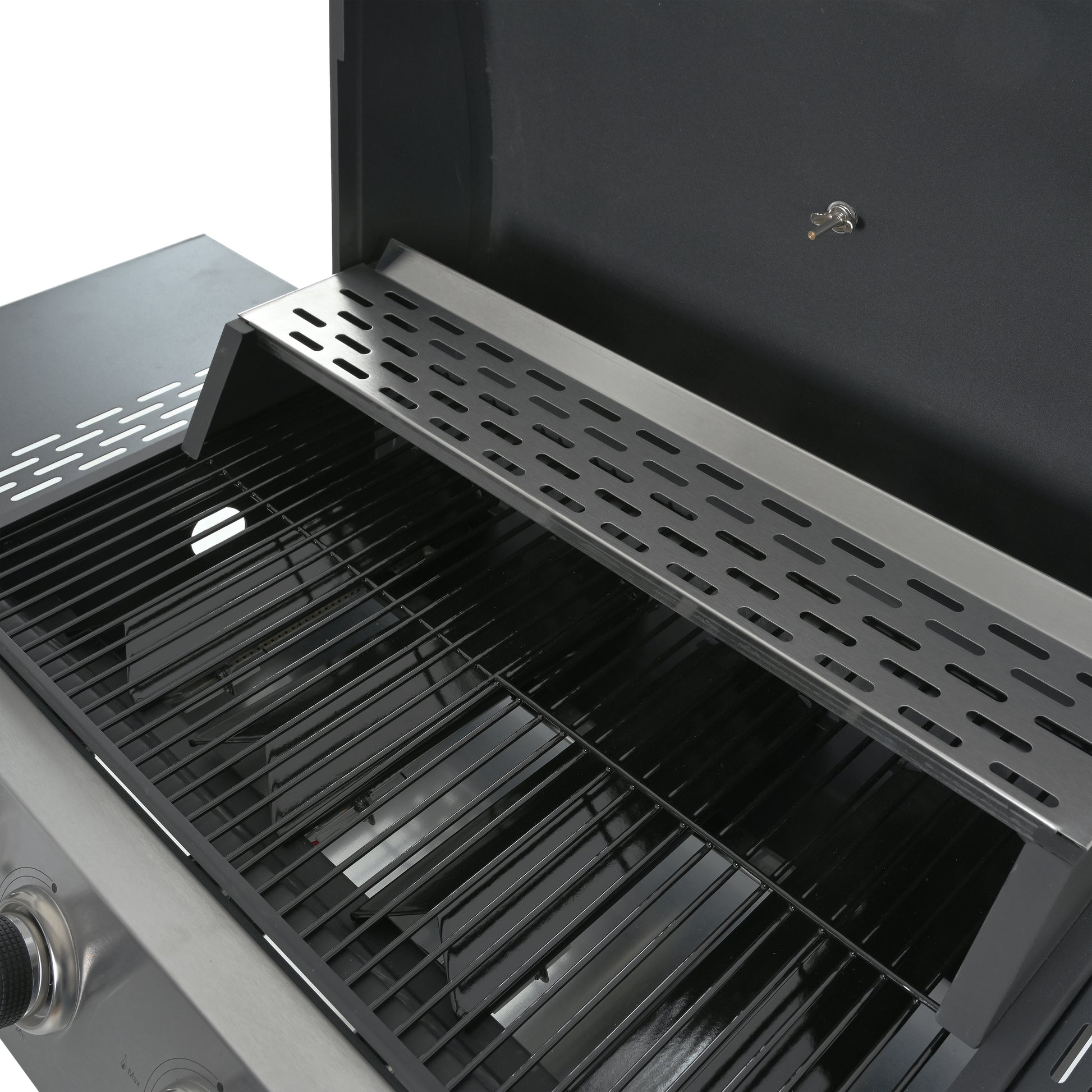 Propane Gas Grill 4 Burner Barbecue Grill, Stainless Steel 34,000 Btu Patio Garden Barbecue Grill With Two Shelves, Lid, Wheels And Bottle Opener Black Iron