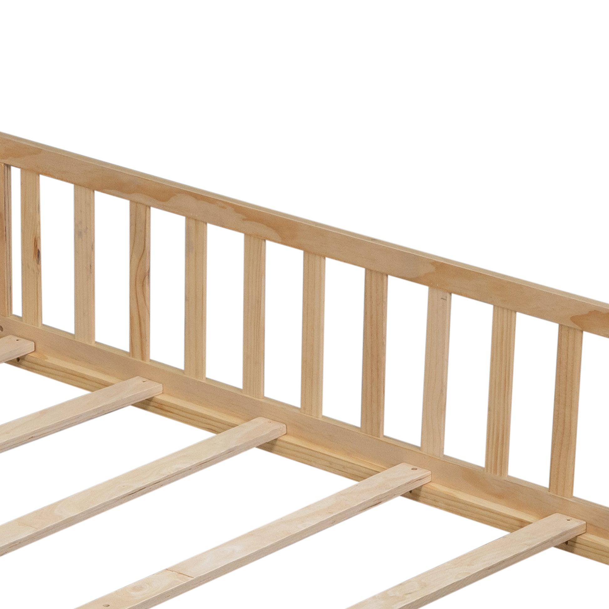 Full Size Floor Platform Bed With Fence And Door For Kids, Montessori Floor Bed Frame With Support Slats For Toddlers, Wooden Floor Bed Natural Natural Plywood