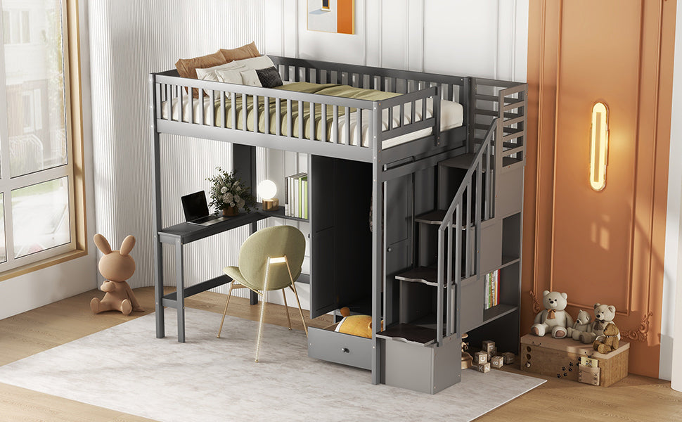 Twin Size Loft Bed With Bookshelf,Drawers,Desk,And Wardrobe Gray Twin Gray Solid Wood Mdf