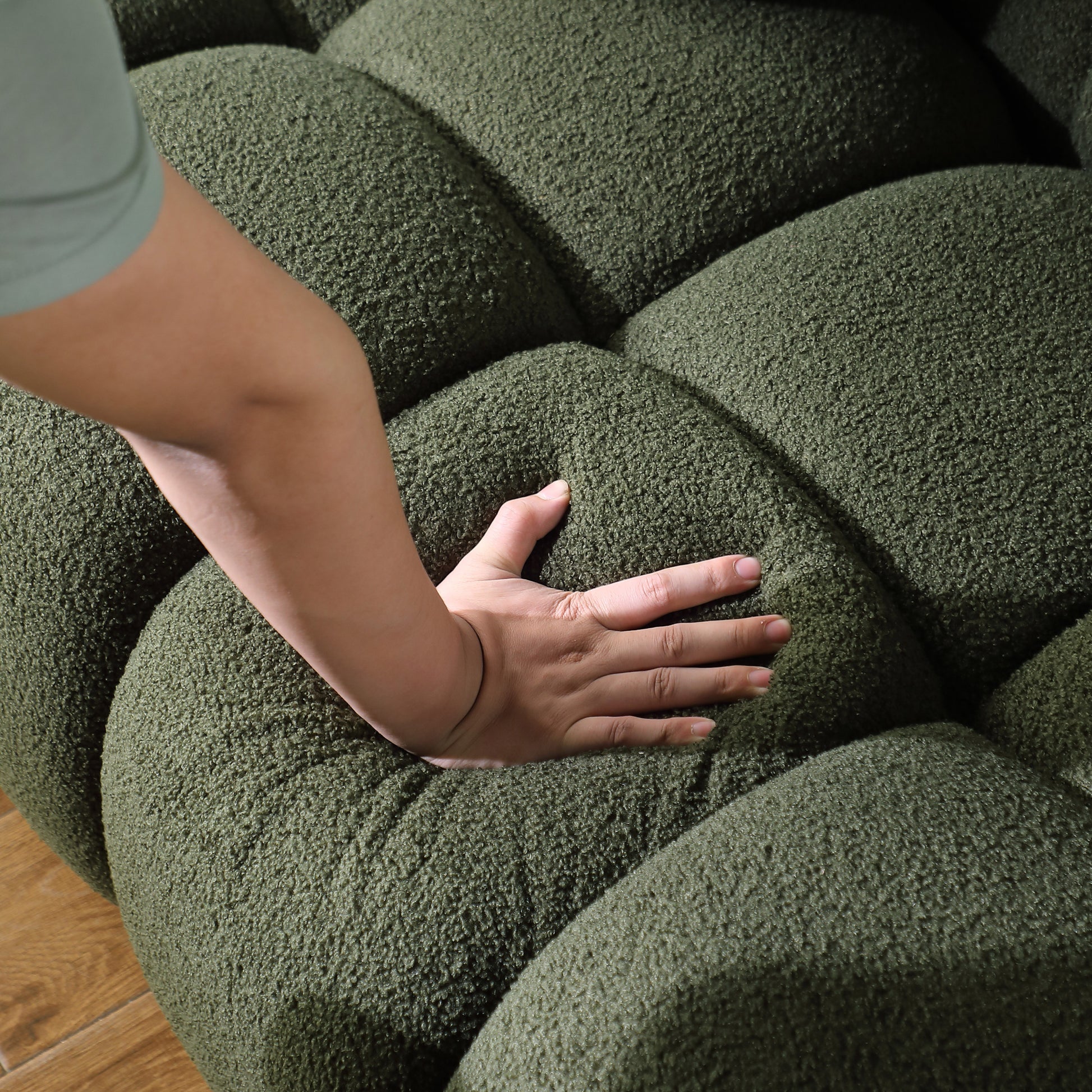 87.4 Length ,35.83" Deepth ,Human Body Structure For Usa People, Marshmallow Sofa,Boucle Sofa ,3 Seater, Olive Green Boucle Olive Green Light Brown Wood Primary Living Space Medium Soft Split Back Eucalyptus Rolled Arms Boucle 3 Seat