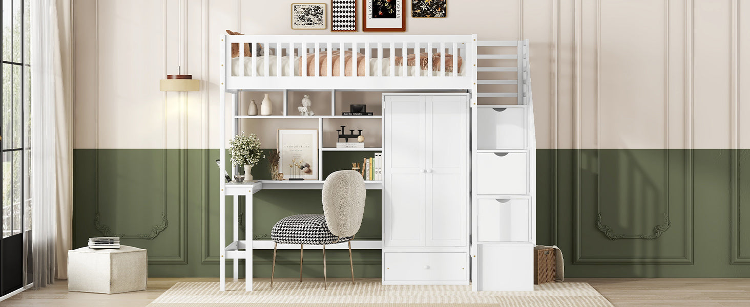 Twin Size Loft Bed With Bookshelf,Drawers,Desk,And Wardrobe White Twin White Solid Wood Mdf