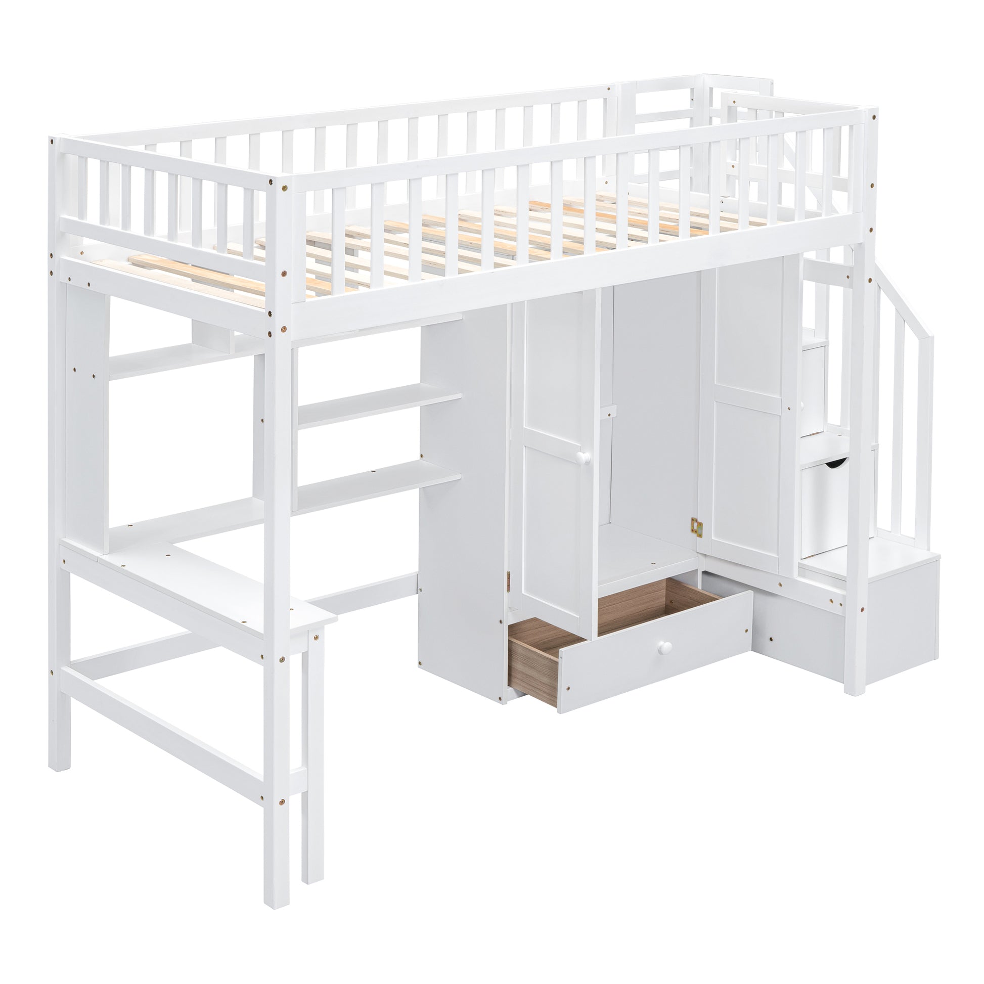 Twin Size Loft Bed With Bookshelf,Drawers,Desk,And Wardrobe White Twin White Solid Wood Mdf