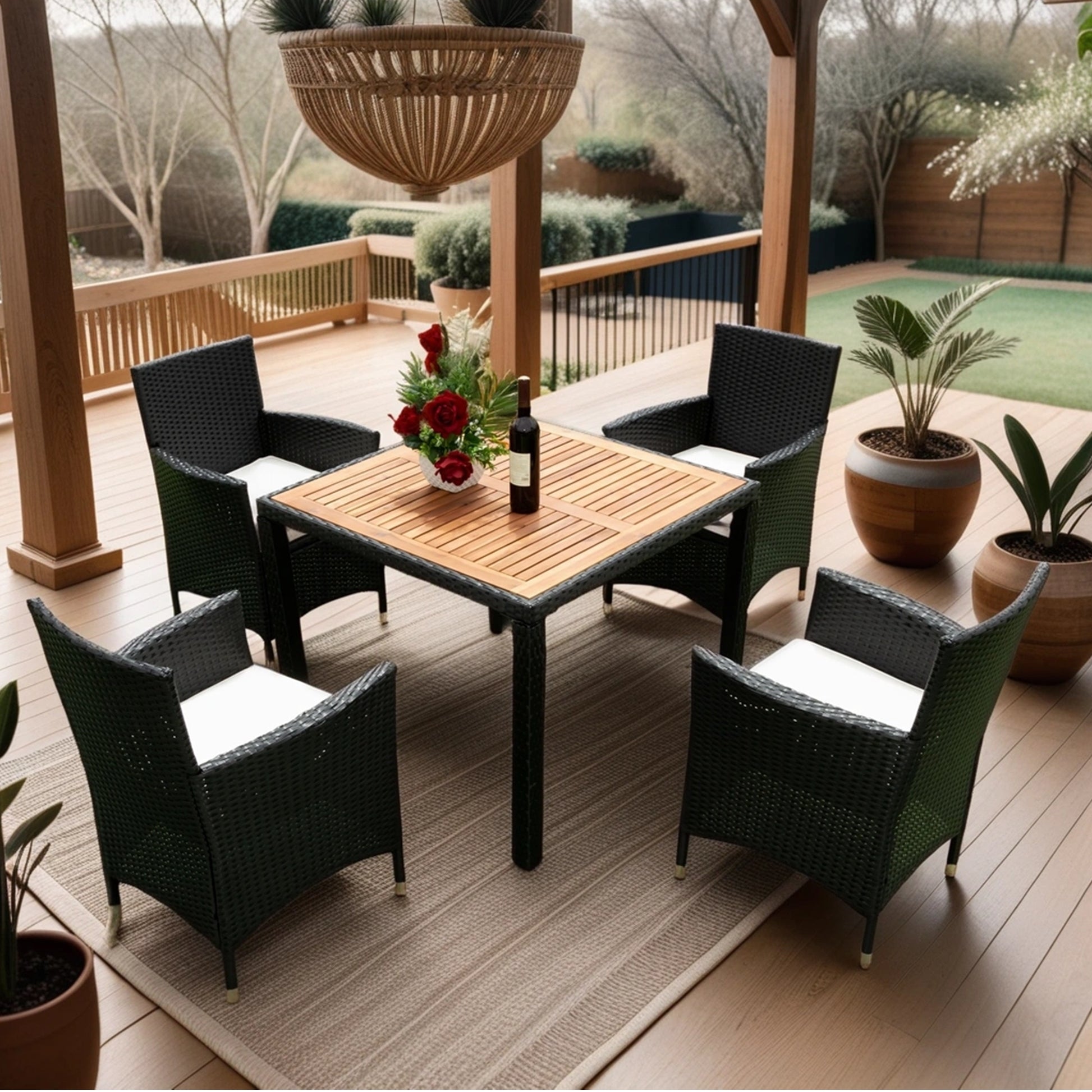 5 Piece Outdoor Patio Wicker Dining Set Patio Wicker Furniture Dining Set W Acacia Wood Top Black Wicker Creme Cushion Yes Dining Set Black Cream Rust Resistant Frame Mildew Resistant Cushion Garden & Outdoor Modern Multiple Chairs Seating Group Fiber