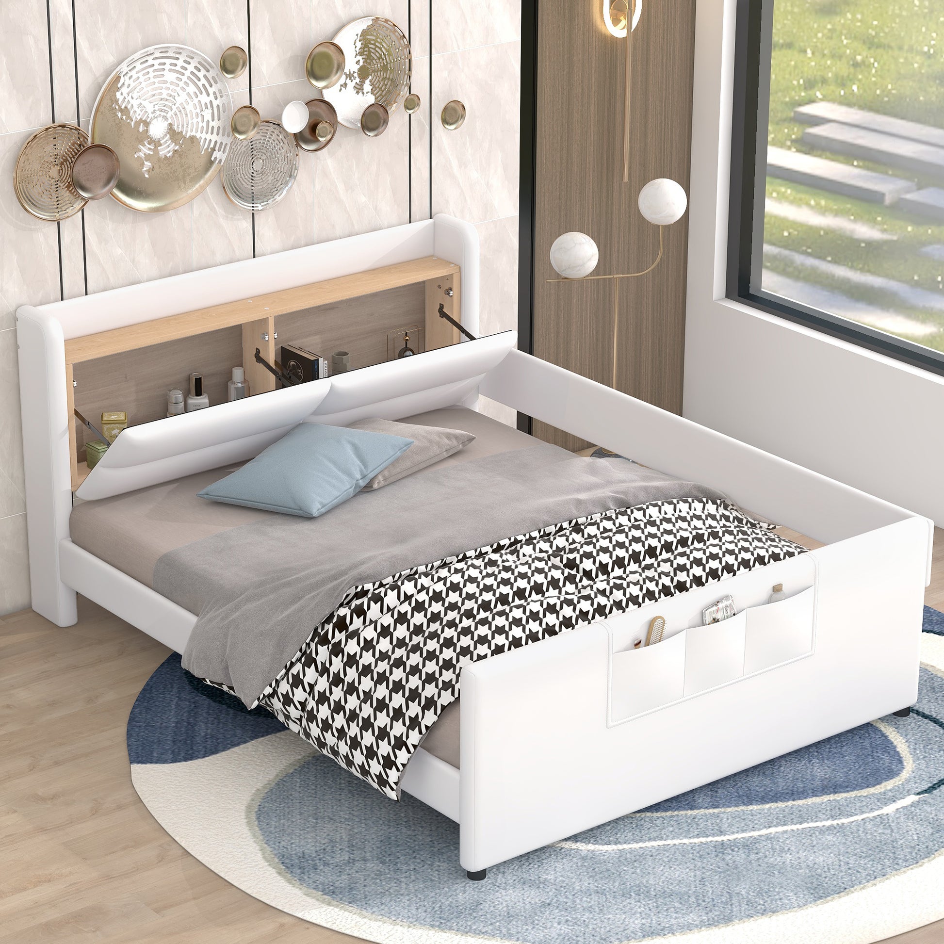 Full Size Upholstered Platform Bed With Guardrail, Storage Headboard And Footboard, Beige Box Spring Not Required Full Beige Wood Faux Leather Upholstered