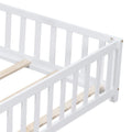Full Size Floor Platform Bed With Fence And Door For Kids, Montessori Floor Bed Frame With Support Slats For Toddlers, Wooden Floor Bed White White Plywood