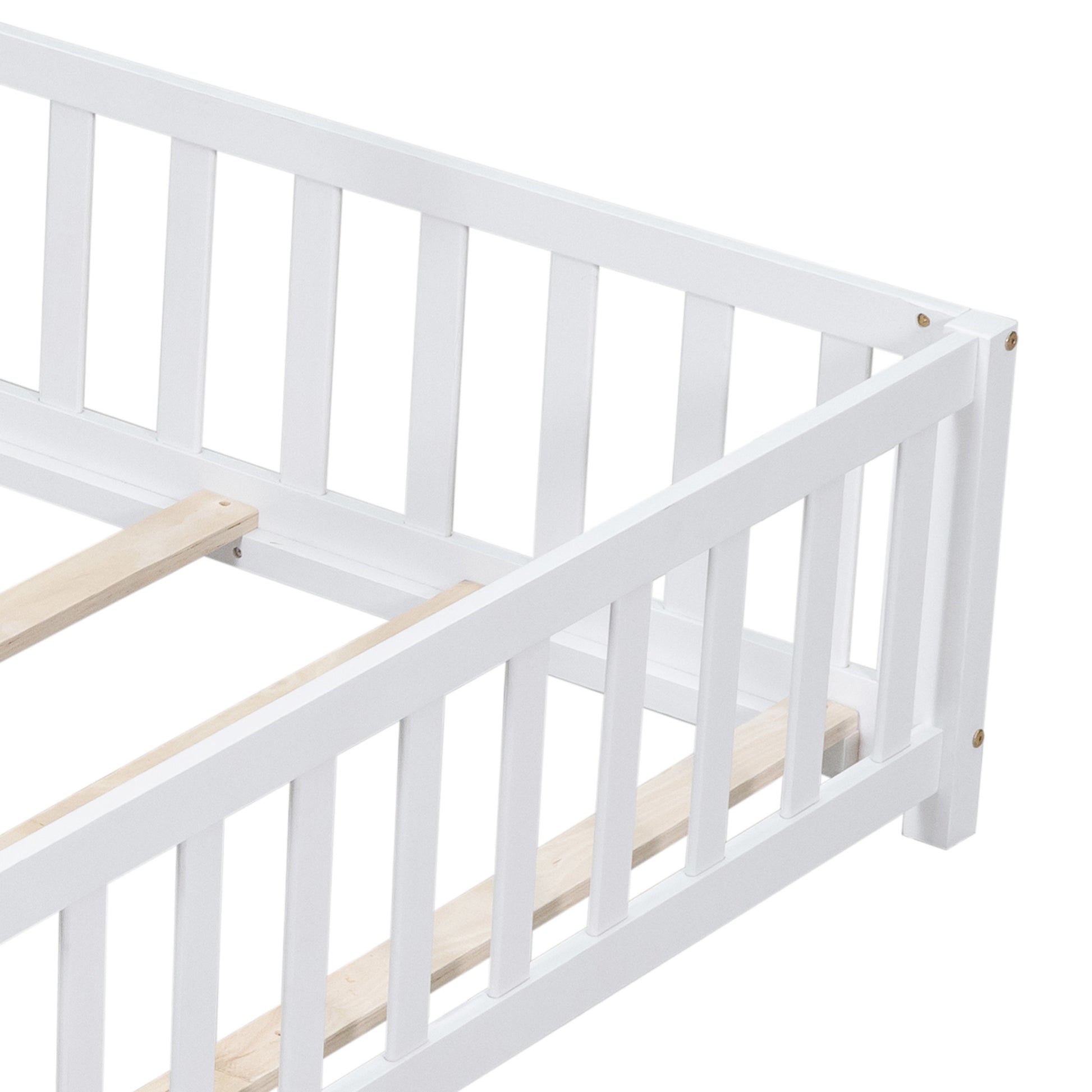 Full Size Floor Platform Bed With Fence And Door For Kids, Montessori Floor Bed Frame With Support Slats For Toddlers, Wooden Floor Bed White White Plywood
