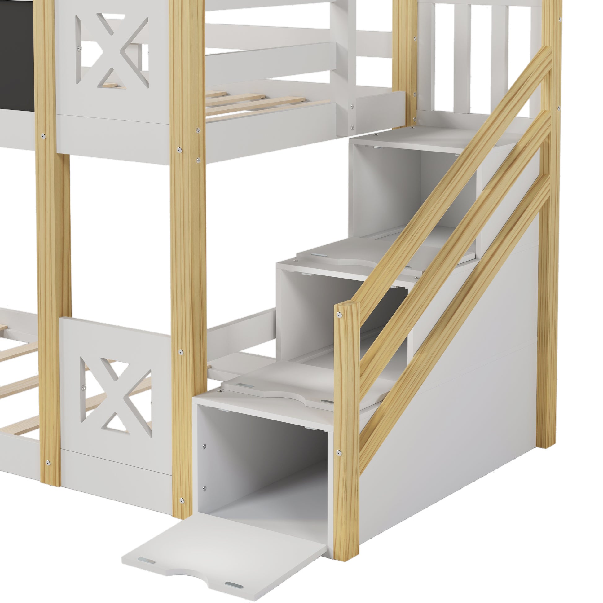 Twin Over Twin House Bunk Bed With White Storage Staircase And Blackboards, White White Wood