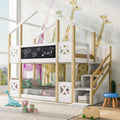 Twin Over Twin House Bunk Bed With White Storage Staircase And Blackboards, White White Wood