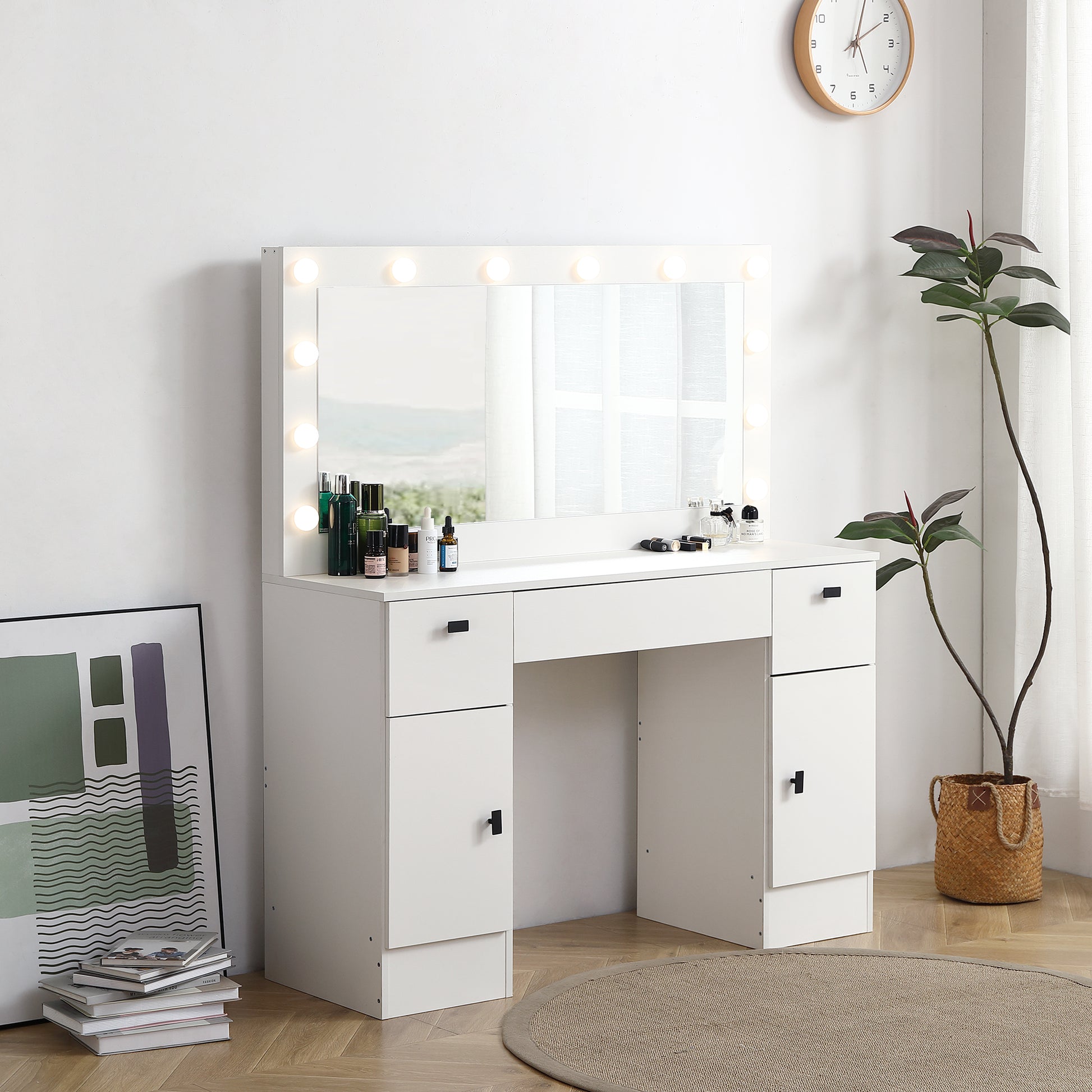 Vanity Table With Lighted Mirror, Vanity Desk With 3 Drawers And Storage Cabinet,3 Color Lighting Modes Adjustable Brightness, White Color Antique White Particle Board