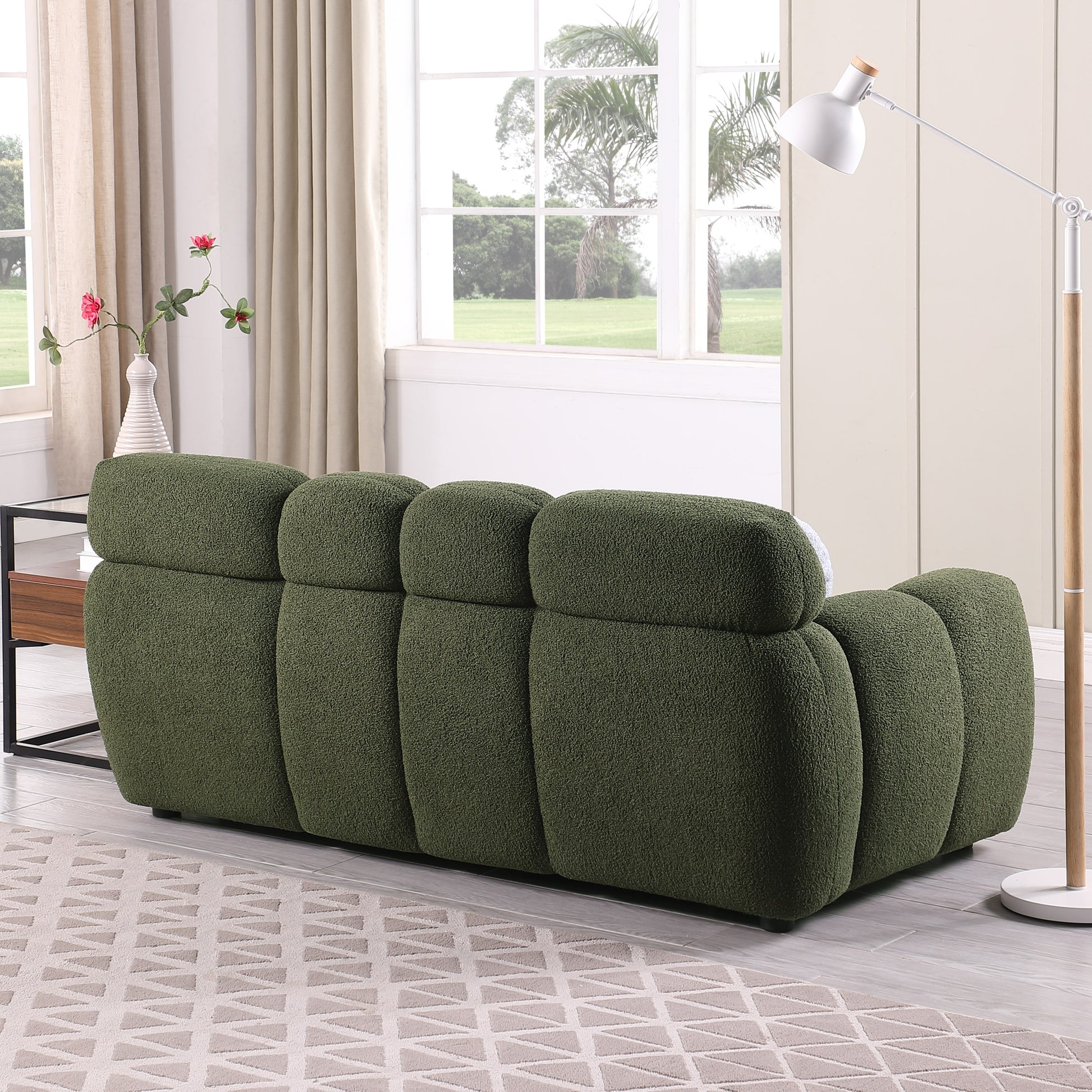 64.96 Length ,35.83" Deepth ,Human Body Structure For Usa People, Marshmallow Sofa,Boucle Sofa ,2 Seater, Olive Green Boucle Olive Green Light Brown Wood Primary Living Space Medium Soft Split Back Eucalyptus Rolled Arms Boucle 3 Seat