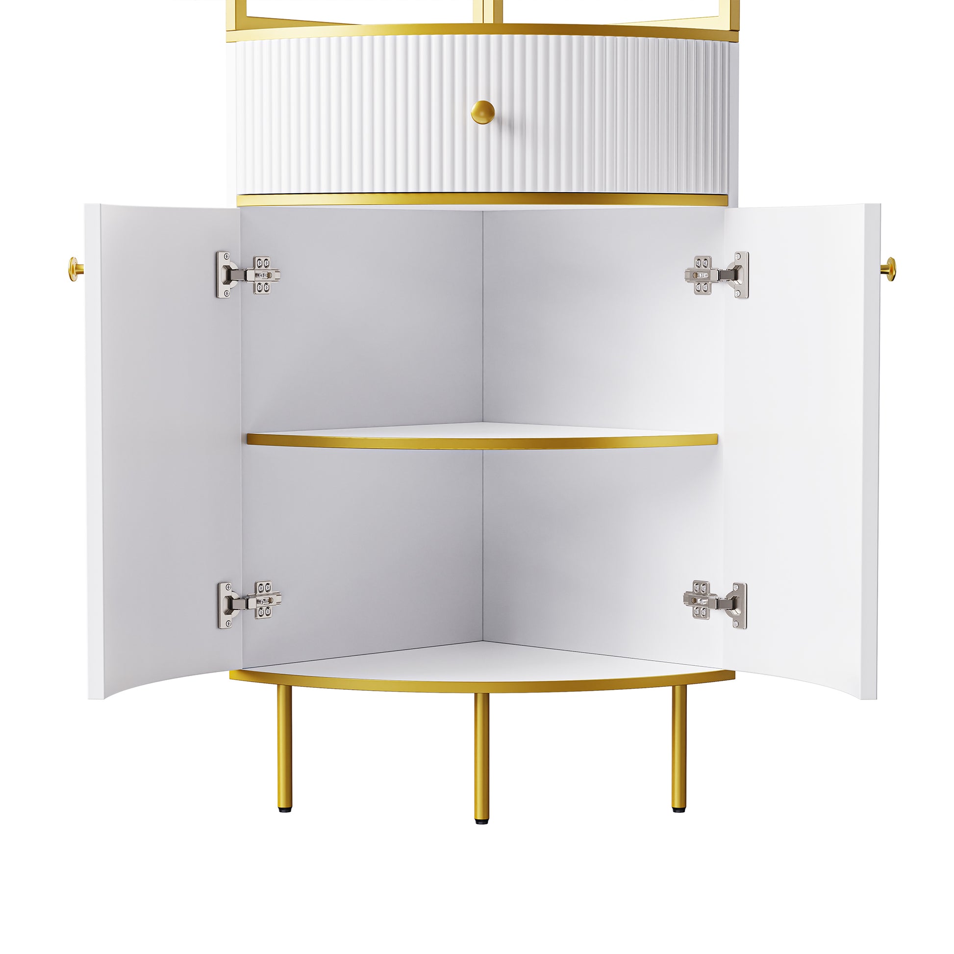 74.8" Tall Modern Corner Bookshelf,Fan Shaped Bookcase With 1 Drawer And 2 Doors ,Wooden Standing Corner Shelf With Gold Metal Frame For Living Room,Home Office,White White Mdf Metal