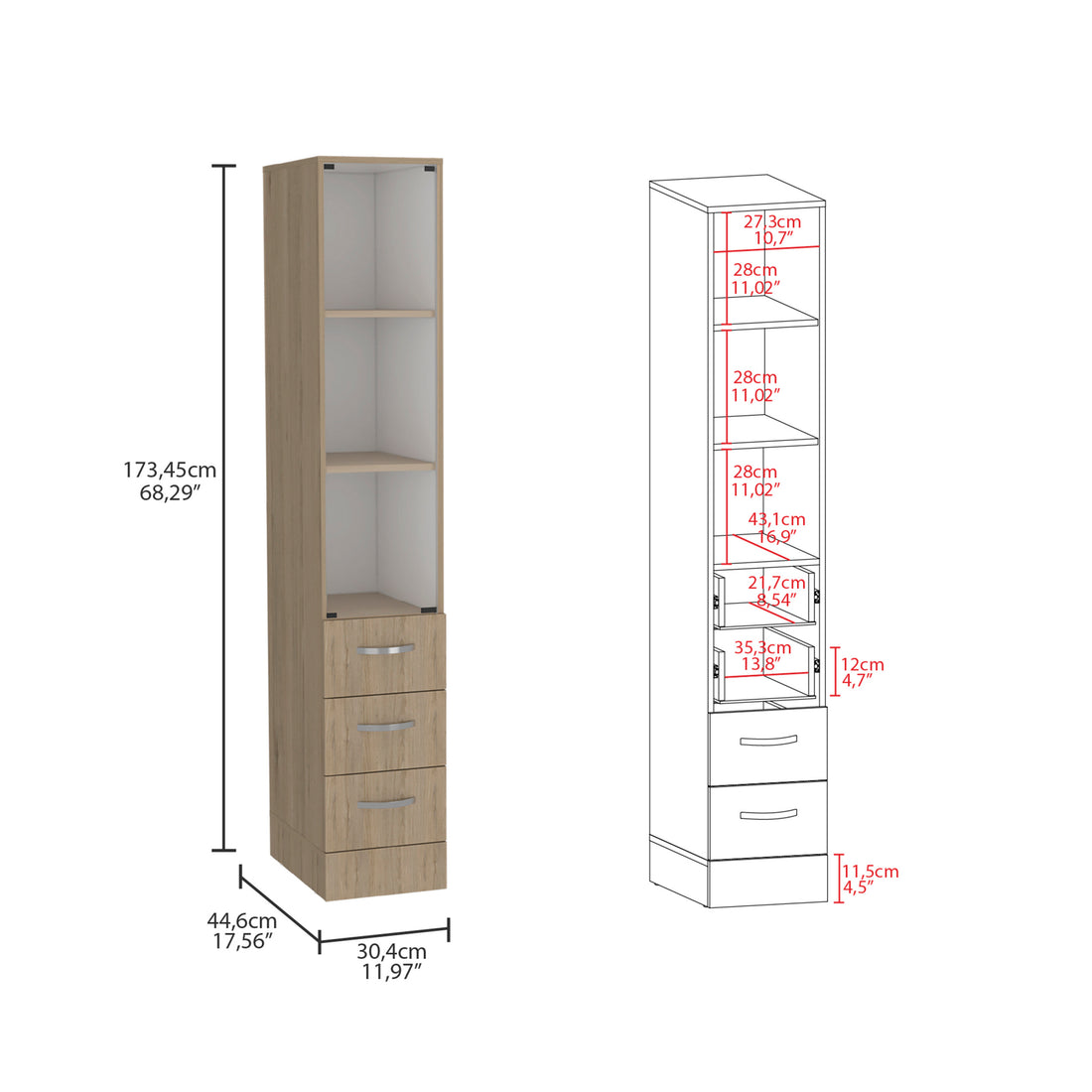 Linen Cabinet Epic, Bathroom, Light Pine White Multicolor Particle Board Particle Board