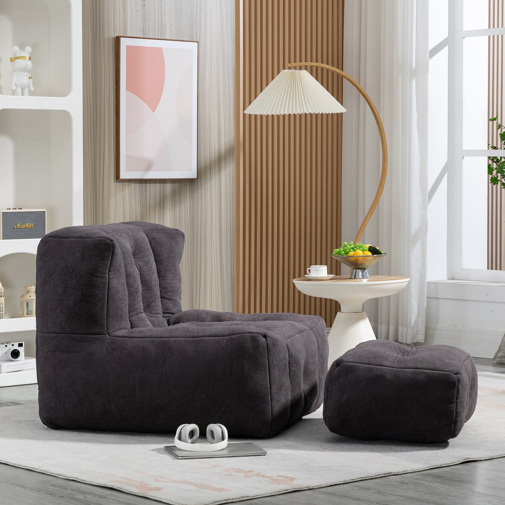 Fluffy Bean Bag Chair, Comfortable Bean Bag For Adults And Children, Super Soft Lazy Sofa Chair With Memory Foam And Ottoman, Indoor Modern Focus Bean Bag Chair For Living Room, Bedroom, Apartment Black Velvet