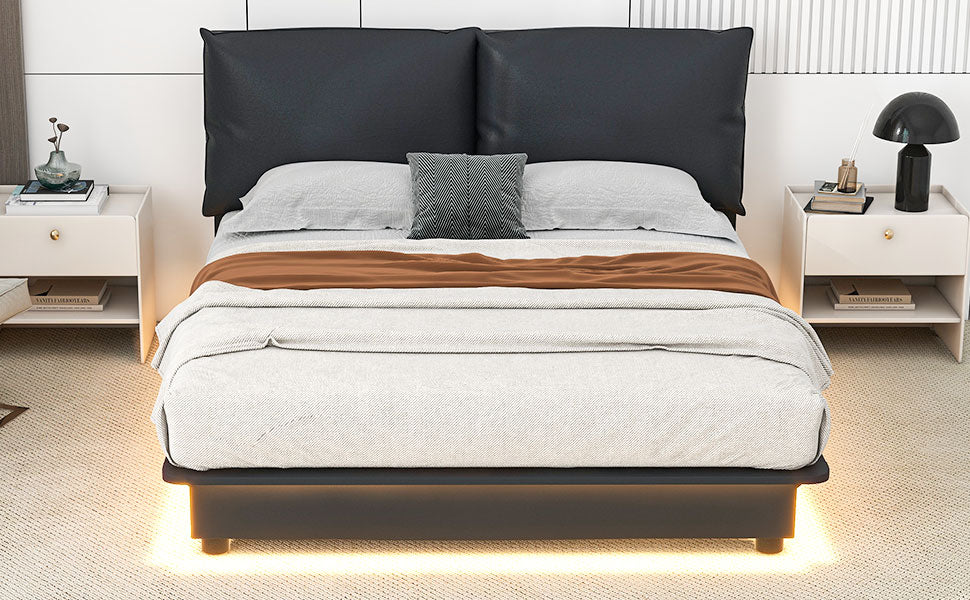 Queen Size Upholstered Platform Bed With Sensor Light And Ergonomic Design Backrests, Black Black Upholstered