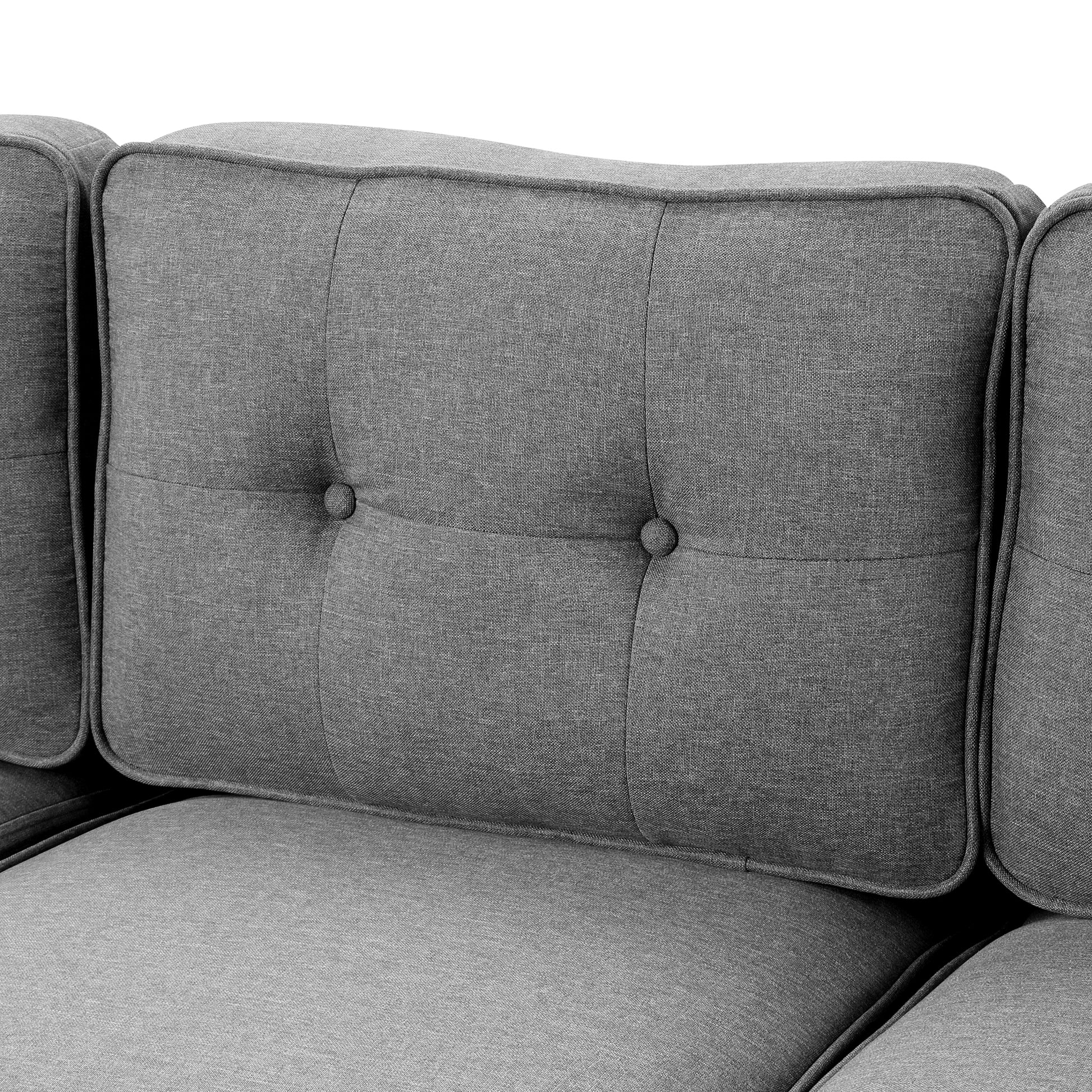 3 Piece Living Room Set With Tufted Cushions. Gray Linen