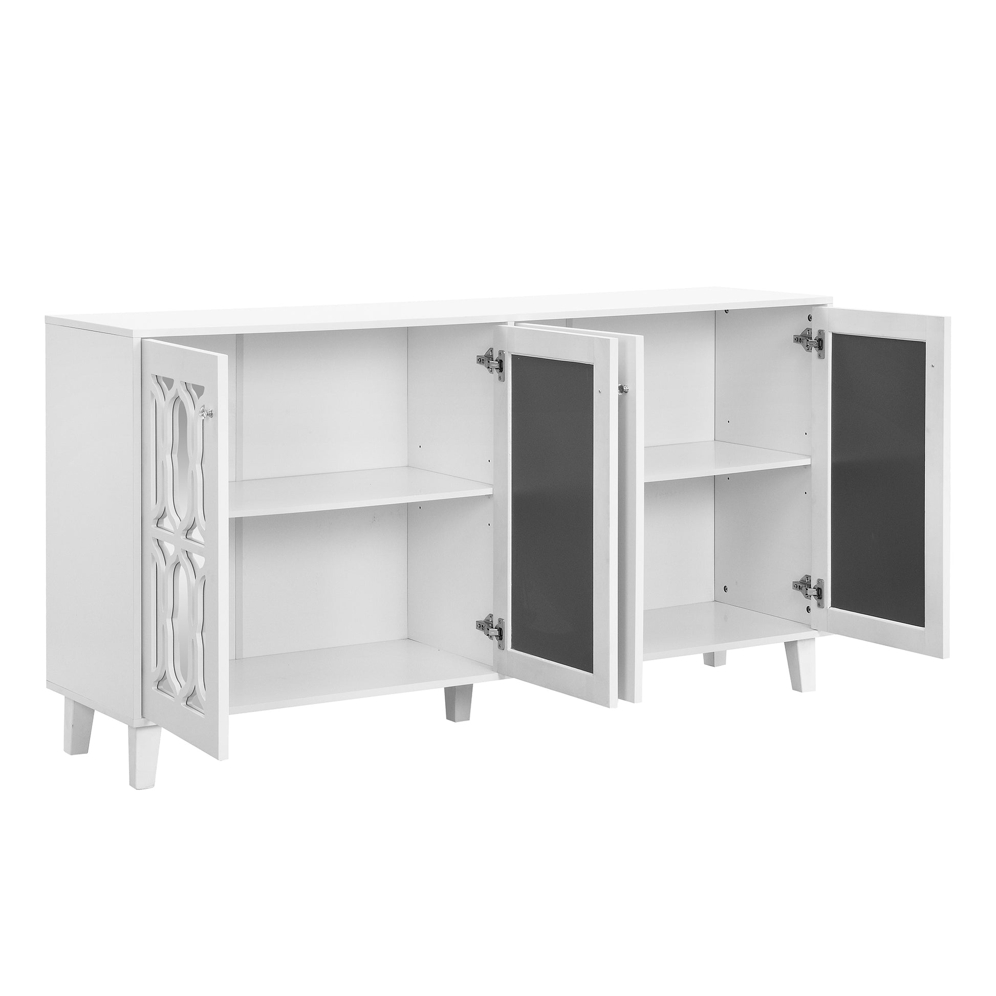 Buffet Cabinet With Adjustable Shelves, 4 Door Mirror Hollow Carved Tv Stand For Tvs Up To 70'', Multi Functional Console Table With Storage Credenza Accent Cabinet For Living Room, White 3 4 Spaces White Primary Living Space Adjustable Shelves Mdf