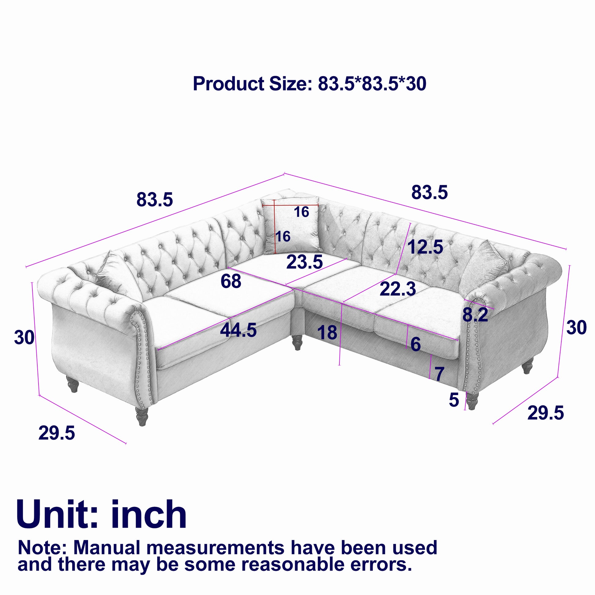 83.5 Inch Oversized Corner Sofa, L Shaped Sectional Couch,5 Seater Corner Sofas With 3 Pillows For Living Room, Bedroom, Apartment, Office Gray Foam Velvet