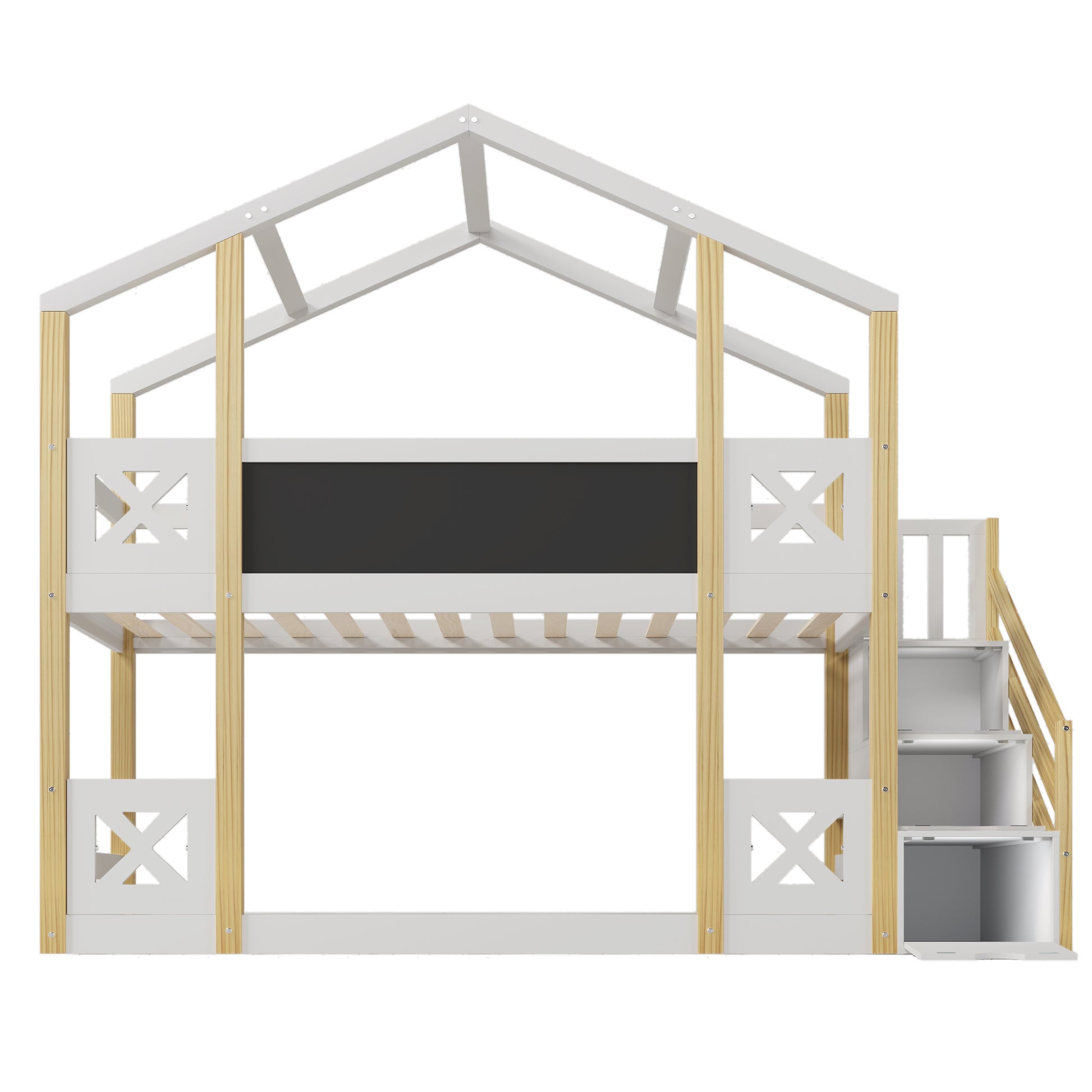 Twin Over Twin House Bunk Bed With White Storage Staircase And Blackboards, White White Wood