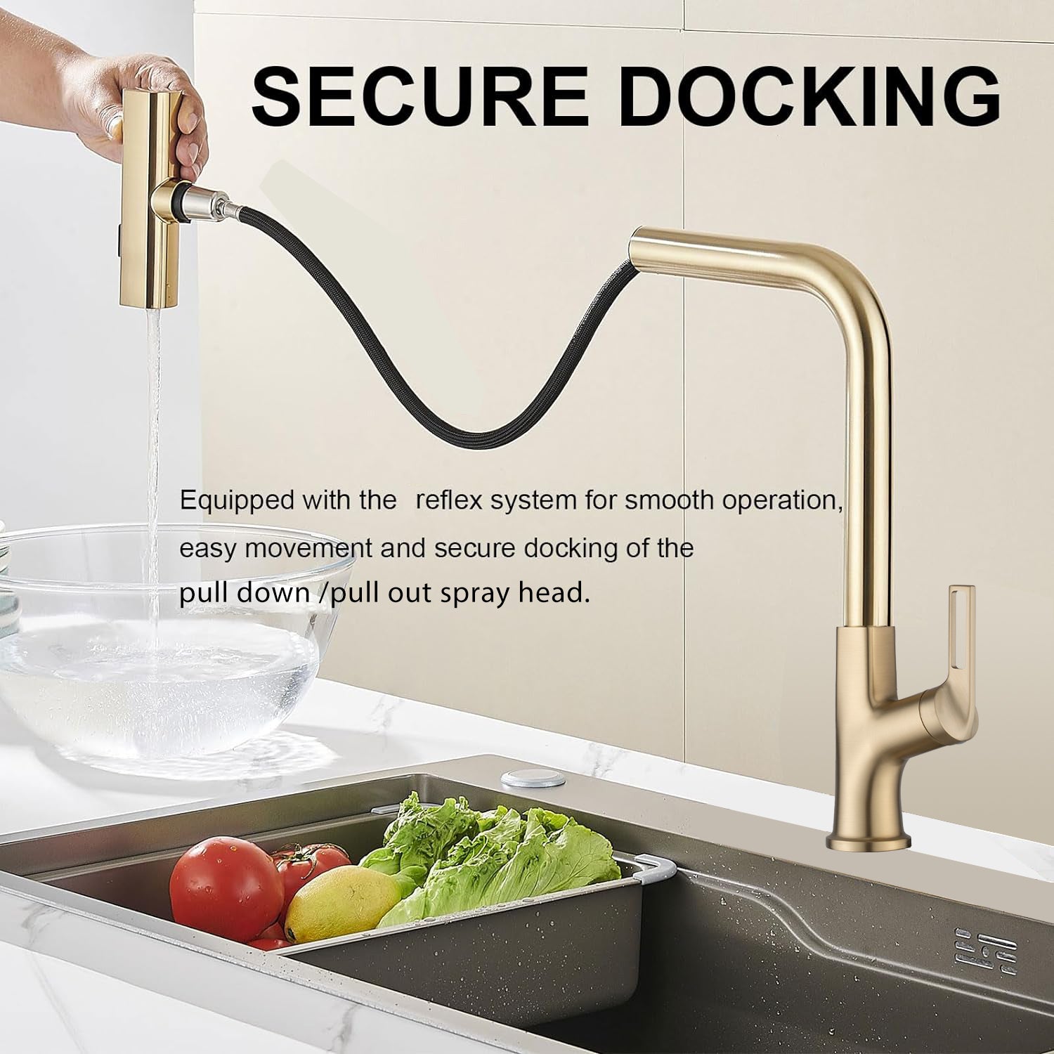 Brushed Gold Kitchen Waterfall Faucet With Pull Down Sprayer, Single Handle Kitchen Sink Faucet With Pull Out Sprayer, 360 Rotating Kitchen Faucet Brushed Gold Zinc