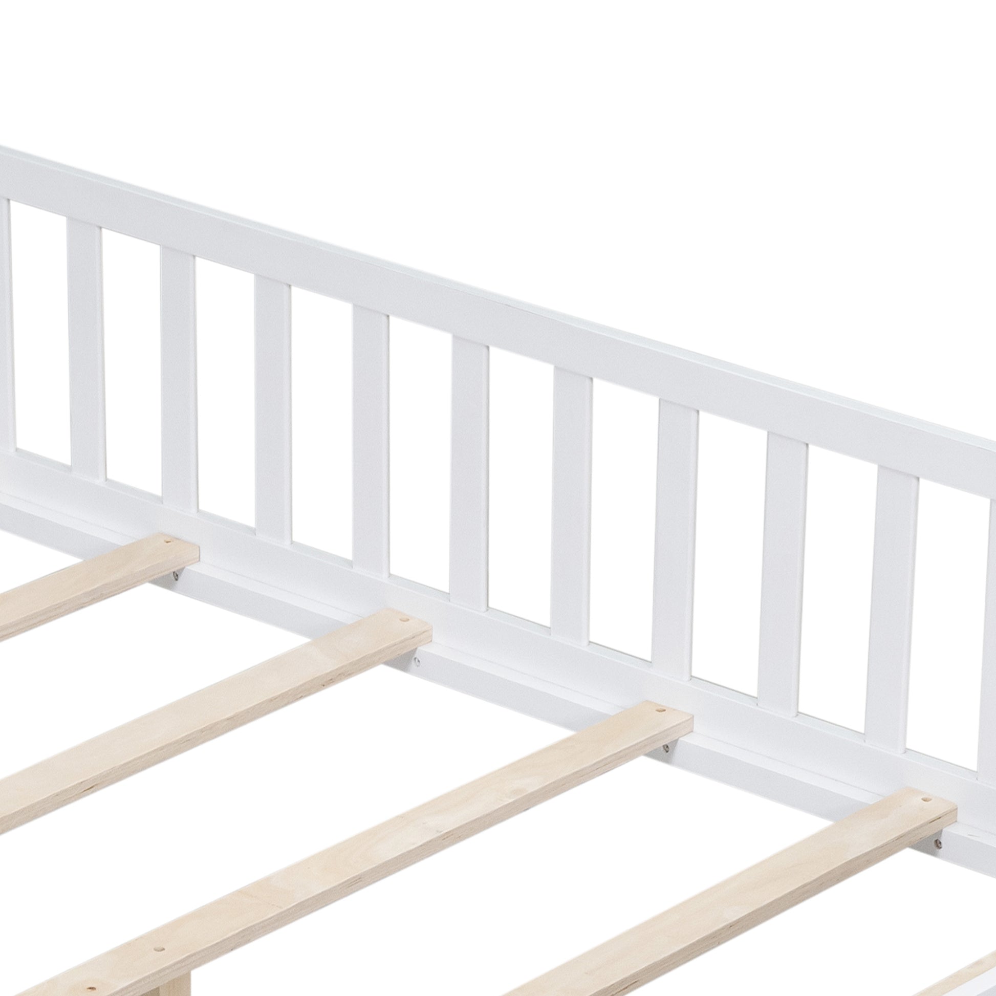Full Size Floor Platform Bed With Fence And Door For Kids, Montessori Floor Bed Frame With Support Slats For Toddlers, Wooden Floor Bed White White Plywood