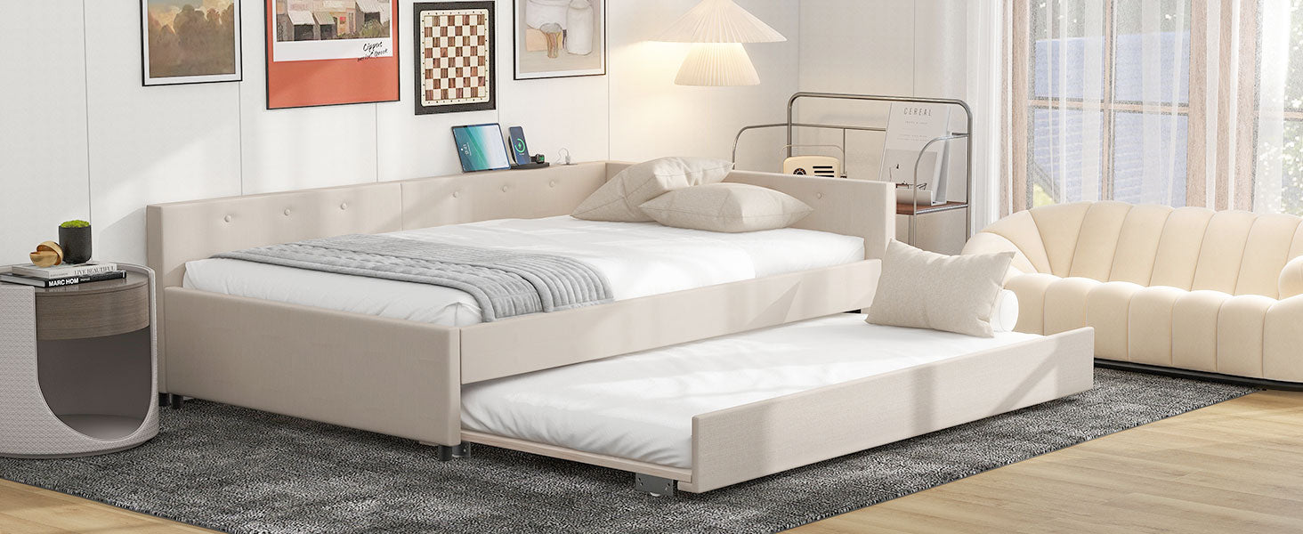 Full Size Upholstered Platform Bed With Usb And Twin Size Trundle, Beige Box Spring Not Required Full Beige Wood Bedroom Bed Frame Linen Wood