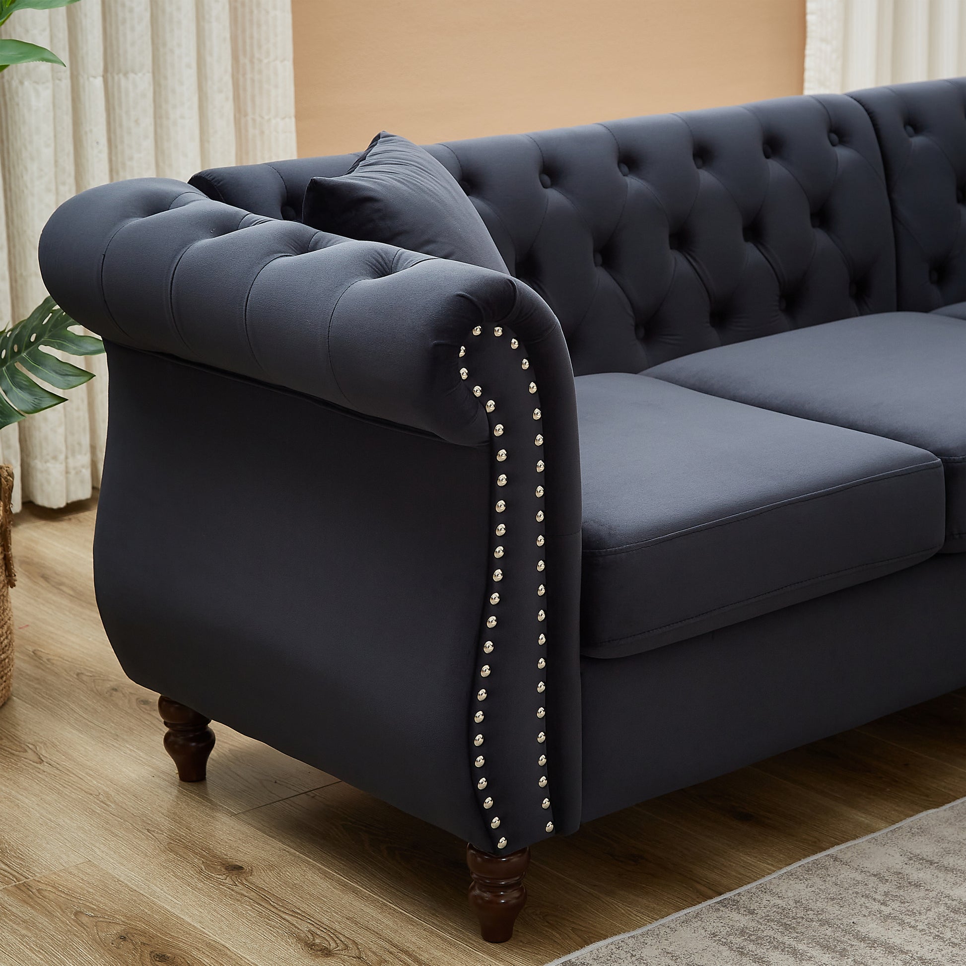 83.5 Inch Oversized Corner Sofa, L Shaped Sectional Couch,5 Seater Corner Sofas With 3 Pillows For Living Room, Bedroom, Apartment, Office Black Foam Velvet