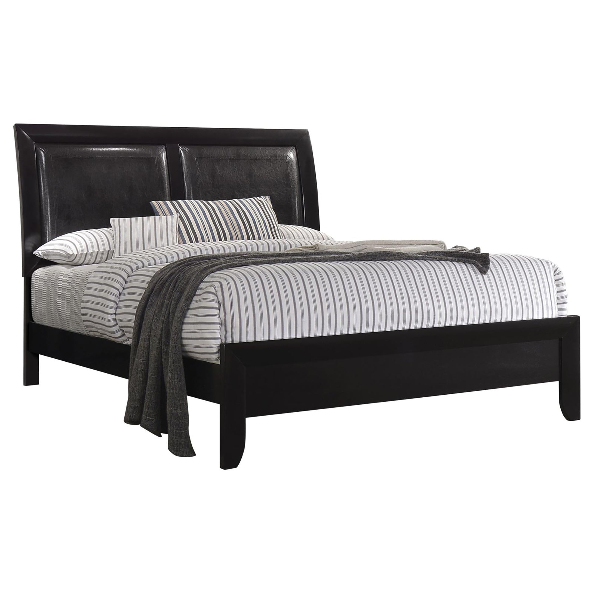 Black Upholstered Queen Panel Bed Box Spring Required Queen Black Wood Bedroom Contemporary,Modern Rubberwood Panel Foam Faux Leather Wood