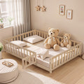 Full Size Floor Platform Bed With Fence And Door For Kids, Montessori Floor Bed Frame With Support Slats For Toddlers, Wooden Floor Bed Natural Natural Plywood
